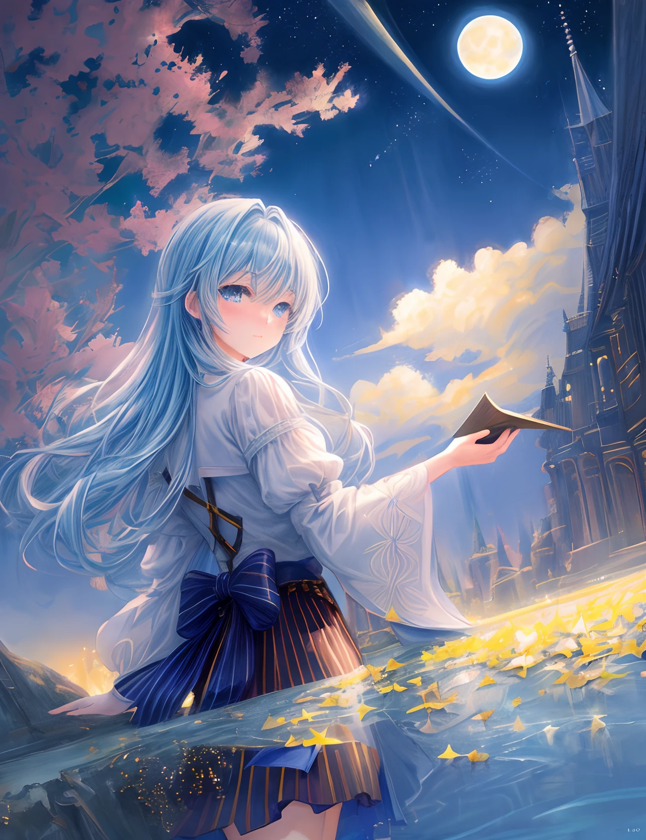 the met、Painting of a river with stars and moon in the sky、the met、Shining skyscrapers、Shine across the board、Skyscrapers、Concept art inspired by Mitsuoki Tosa、pixiv contest winners、top-quality、Fantasyart、beautiful anime scene、Bright moon、Moonlit star environment、Dream painting、Anime Background Art、Fantasy landscape art、fantasy knight、anime backgrounds、background artwork、Fantastic art、atmospheric anime、starrysky、Detail has been enhanced。