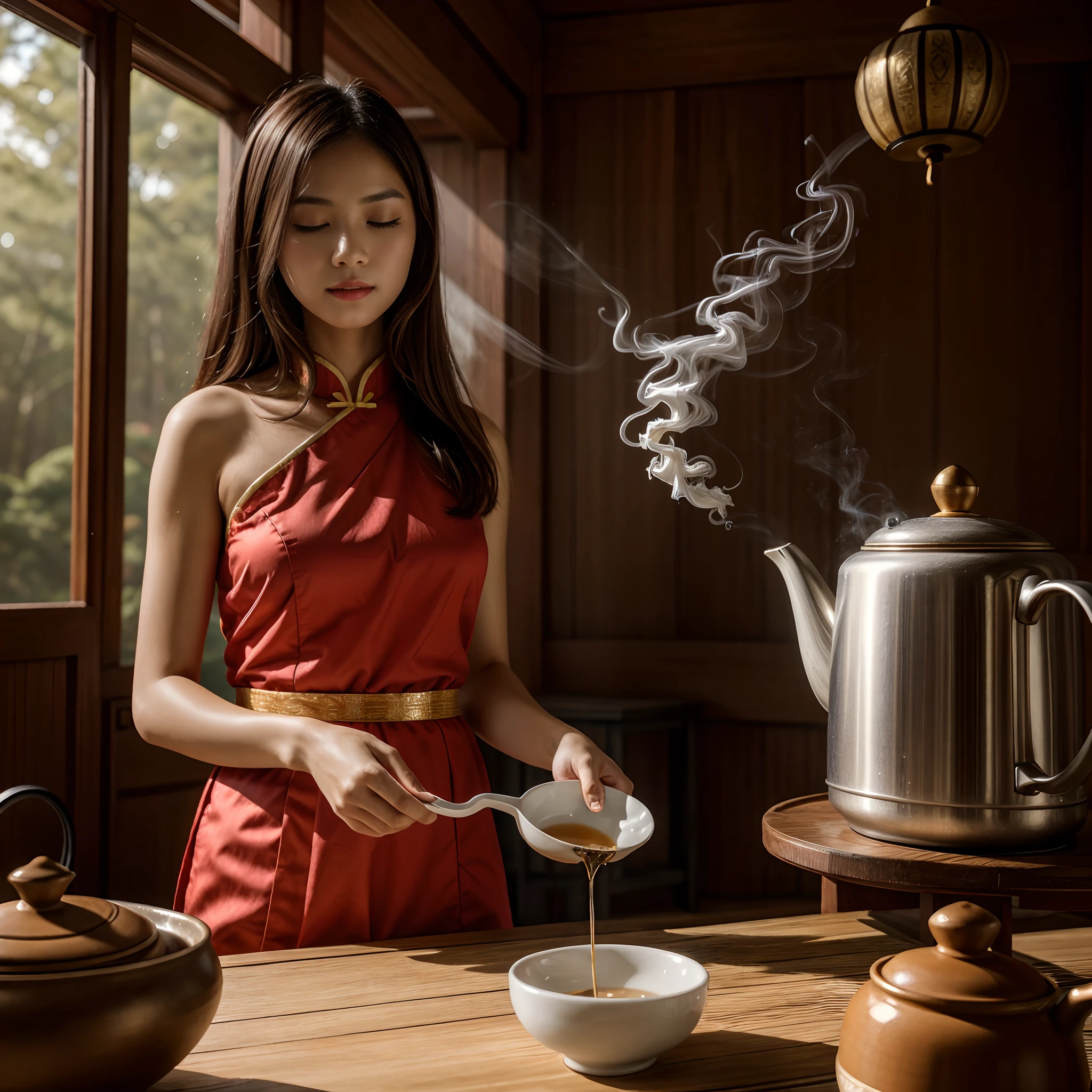 (masterpiece, best quality), 1girl, full body, face, feet, documentary photo of Chinese girl wears typical traditional Chinese dress is intent on the tea ritual. She pours steaming tea into a cup from a teapot. Typical old Chinese room, smoke in the air, very diffuse light, sensual movements, green_eyes, red lips, slightly open mouth, closed eyes, soft light, high res photo, high detailed, (highly detailed skin:1.2), 16k, High details. ultra high res.photorealistic:1.4, UHD, DSLR, soft lighting, high quality, grain color film, FujifilmXT3, low angle point of view