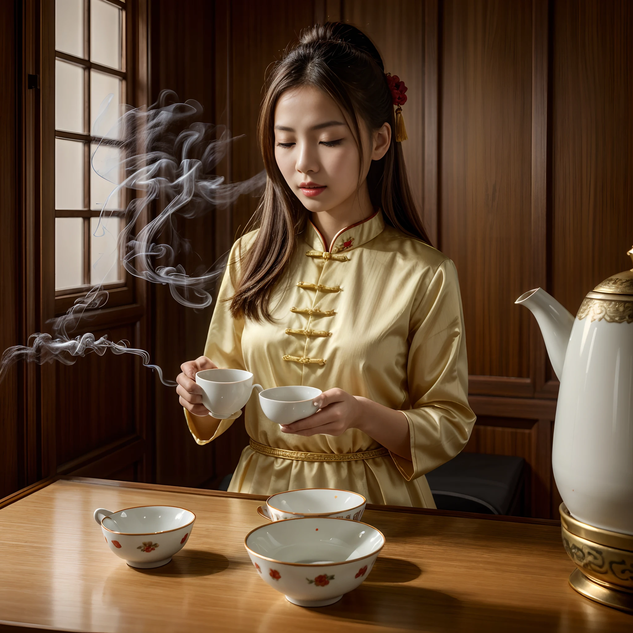 (masterpiece, best quality), 1girl, full body, face, feet, documentary photo of Chinese girl wears typical traditional Chinese dress is intent on the tea ritual. She pours steaming tea into a cup from a teapot. Typical old Chinese room, smoke in the air, very diffuse light, sensual movements, green_eyes, red lips, slightly open mouth, closed eyes, soft light, high res photo, high detailed, (highly detailed skin:1.2), 16k, High details. ultra high res.photorealistic:1.4, UHD, DSLR, soft lighting, high quality, grain color film, FujifilmXT3, low angle point of view