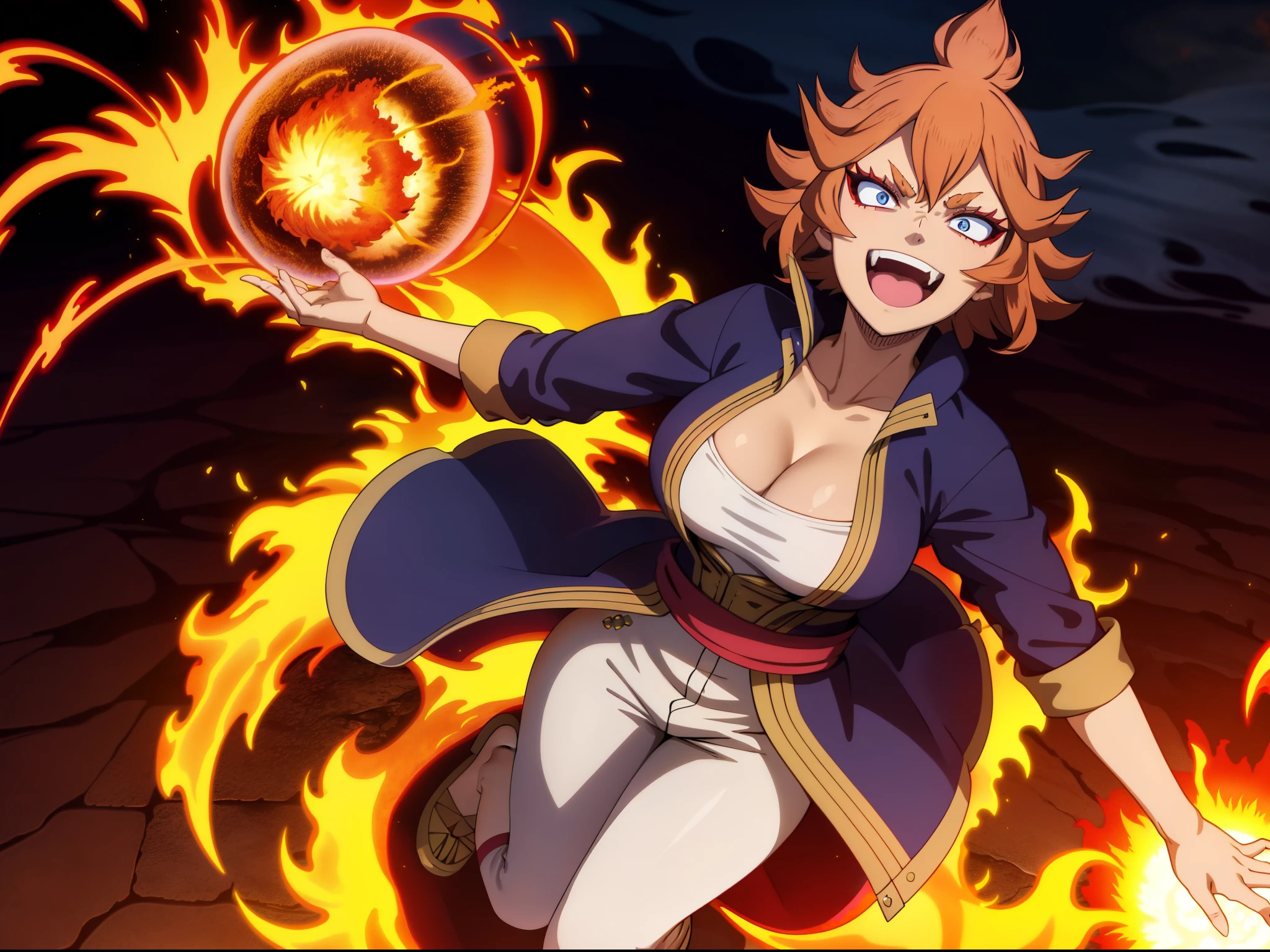 best quality mereoleona fang, 1girl, solo, short hair, smile, full body standing, foreshortening, teeth, open mouth smile, grimoire (swirling fire:1.1) (explosion:1.2), clenched hands, spread arms, :D , from above, looking up, meroutfit4, blue jacket, long jacket, open clothes, white shirt, white pants, red sash, gold trim, popped collar, cleavage, lava floor , thick outlines, thick lineart