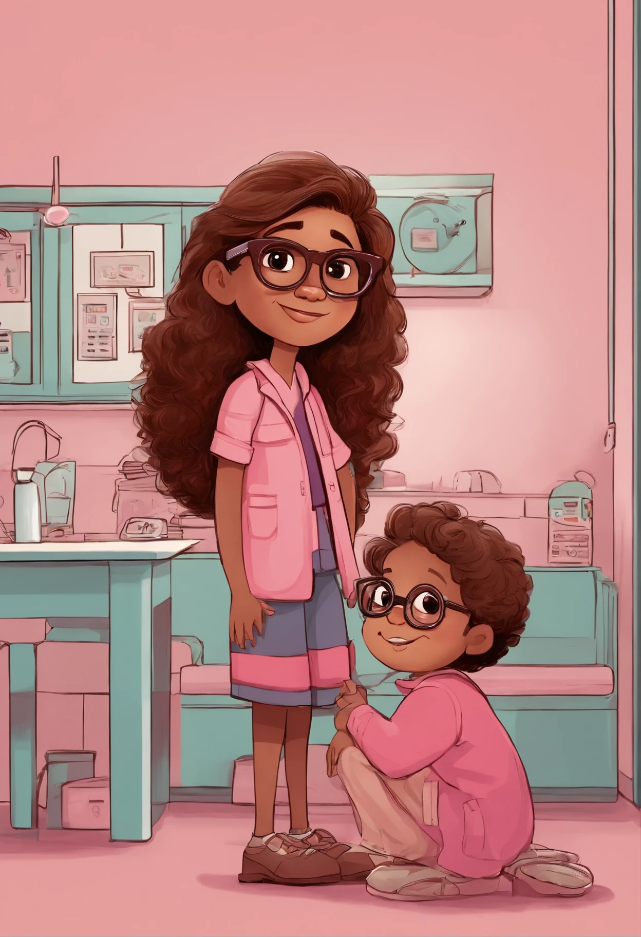 Criar um personagem no estilo pixar dentro de um jaleco rosa. Brown character with straight brown hair and square pink glasses with a  in a pediatric office