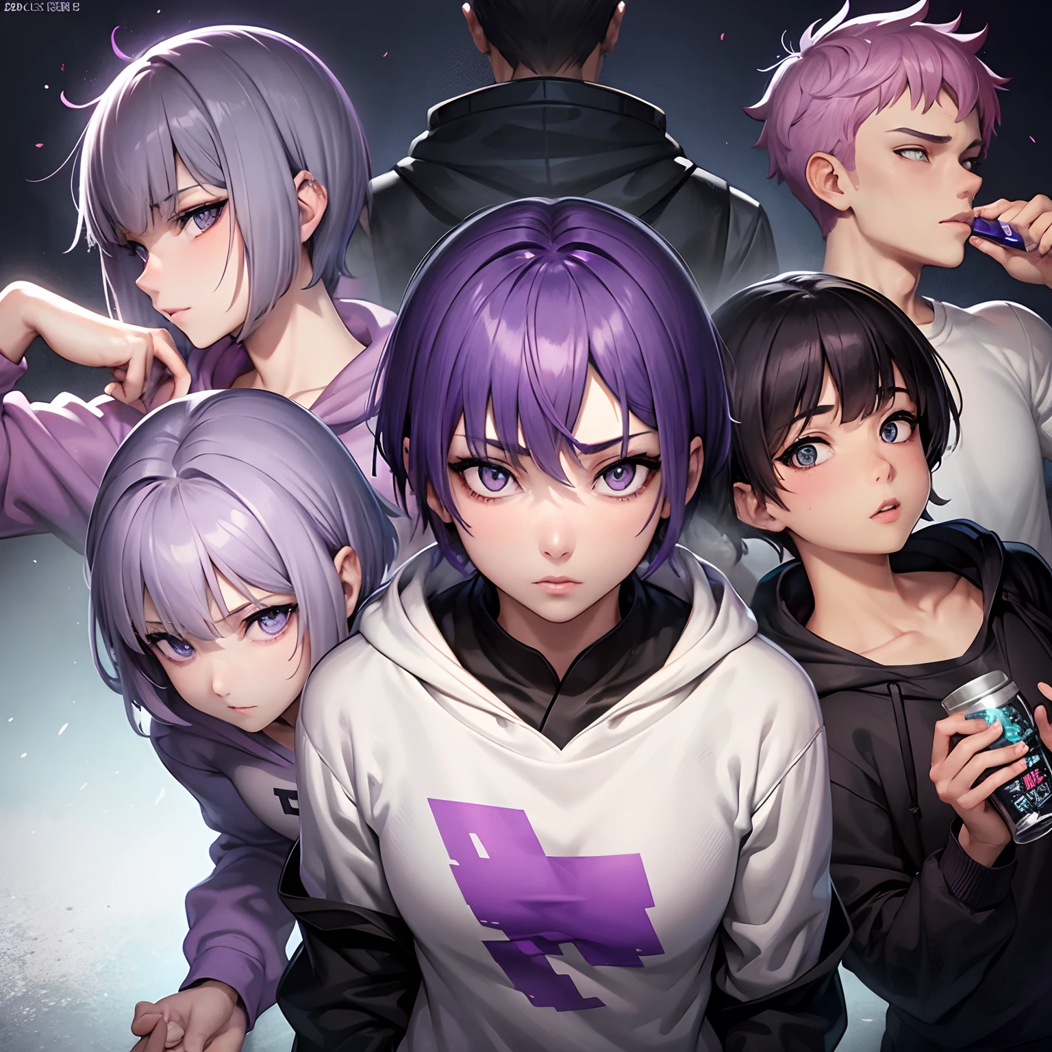 Purple sweatshirt boy,Short dark purple hair,Smile back,Anime style,relaxed,White complexion,Large dark purple eyes