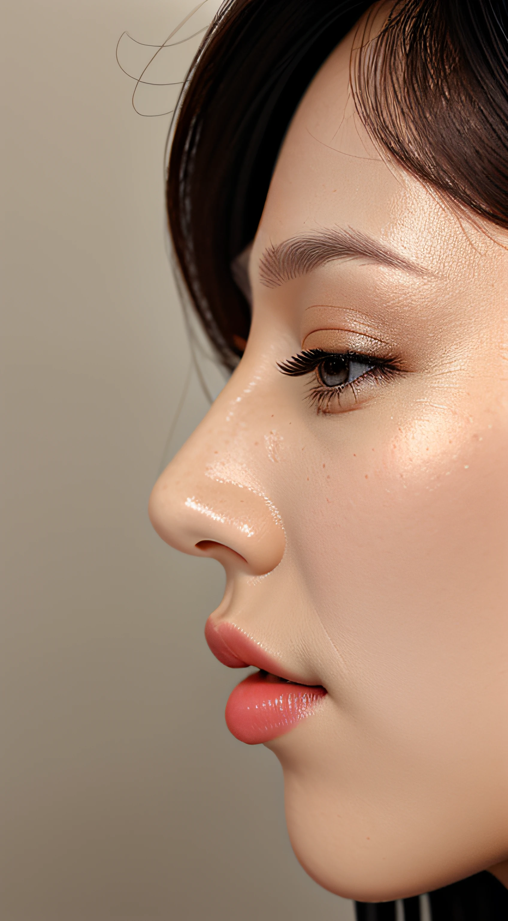 masutepiece,,award - winning photo, Extremely detailed, edgOrgasm,Face Focus Face、35 year old、A dark-haired、Glossy skin、Close-up of face,(Super close-up of nose,Face shot),low angles:1.5,(Realistic nostrils)、Lens Distortion Removal、Reproduction of pores、profile、1girl in,Beautiful woman with straight nose、short cut hair、