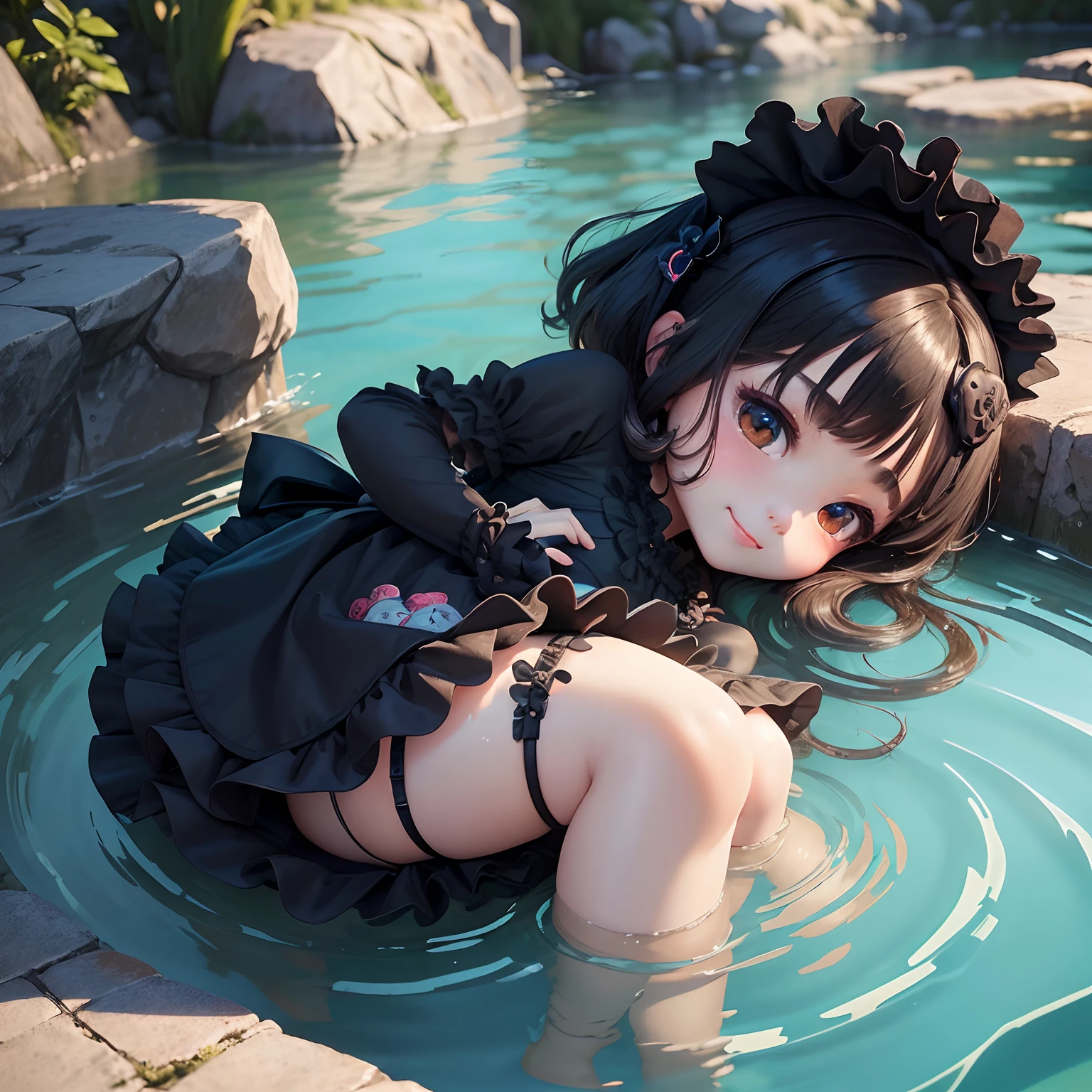 masterpiece、top-quality、ultra-detailliert、(Chibi Chara's Daughter:1.2)、((Swimmit), Gothic ta:1.3)
(frills skirt)、The background is the blue pond of Biei Town、ヨガ🧘🏻♀️ポーズ、full body Esbian、A smile