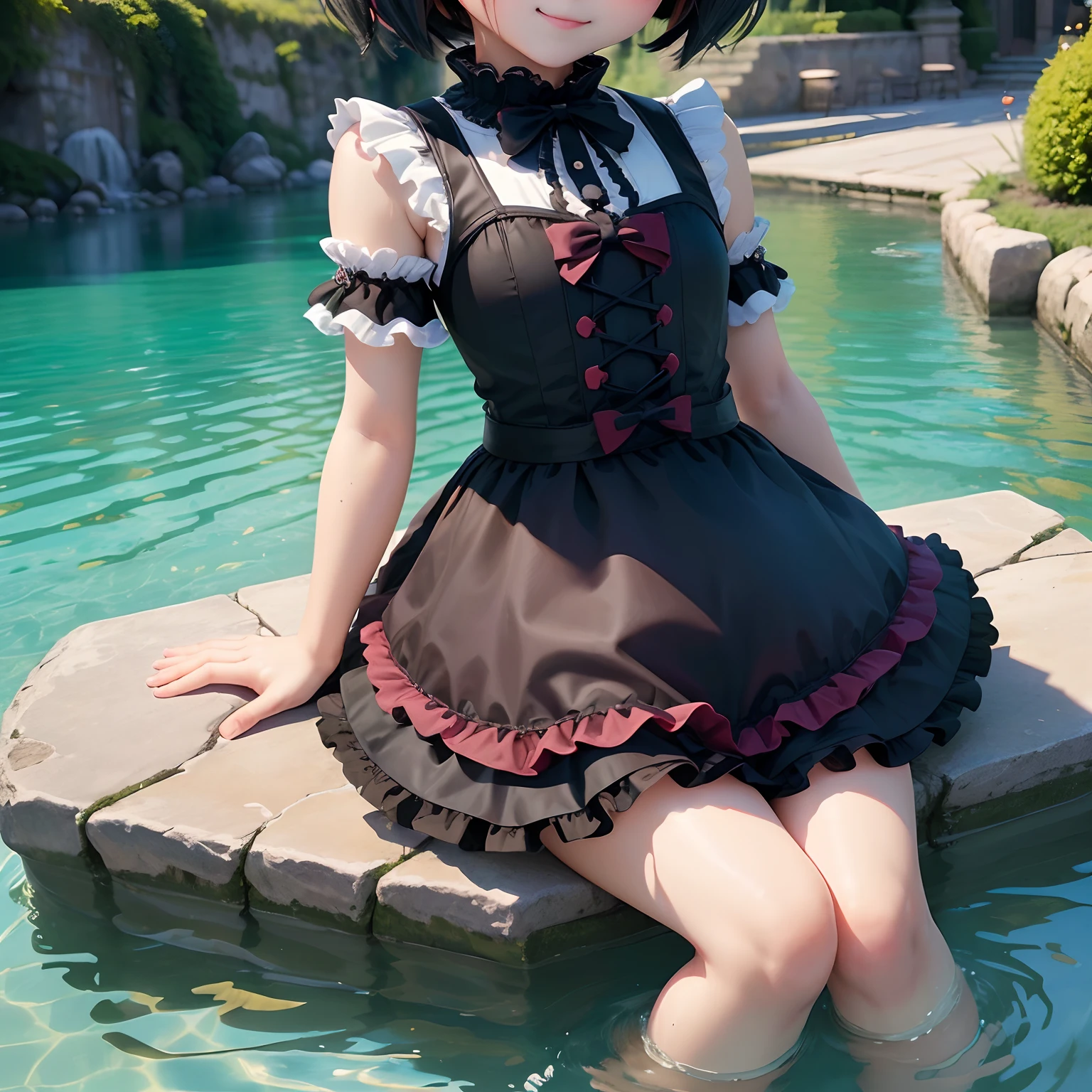 masterpiece、top-quality、ultra-detailliert、(Chibi Chara's Daughter:1.2)、((Swimmit), Gothic lolita:1.3)
(frills skirt)、The background is the blue pond of Biei Town、ヨガ🧘🏻♀️ポーズ、full body Esbian、A smile
