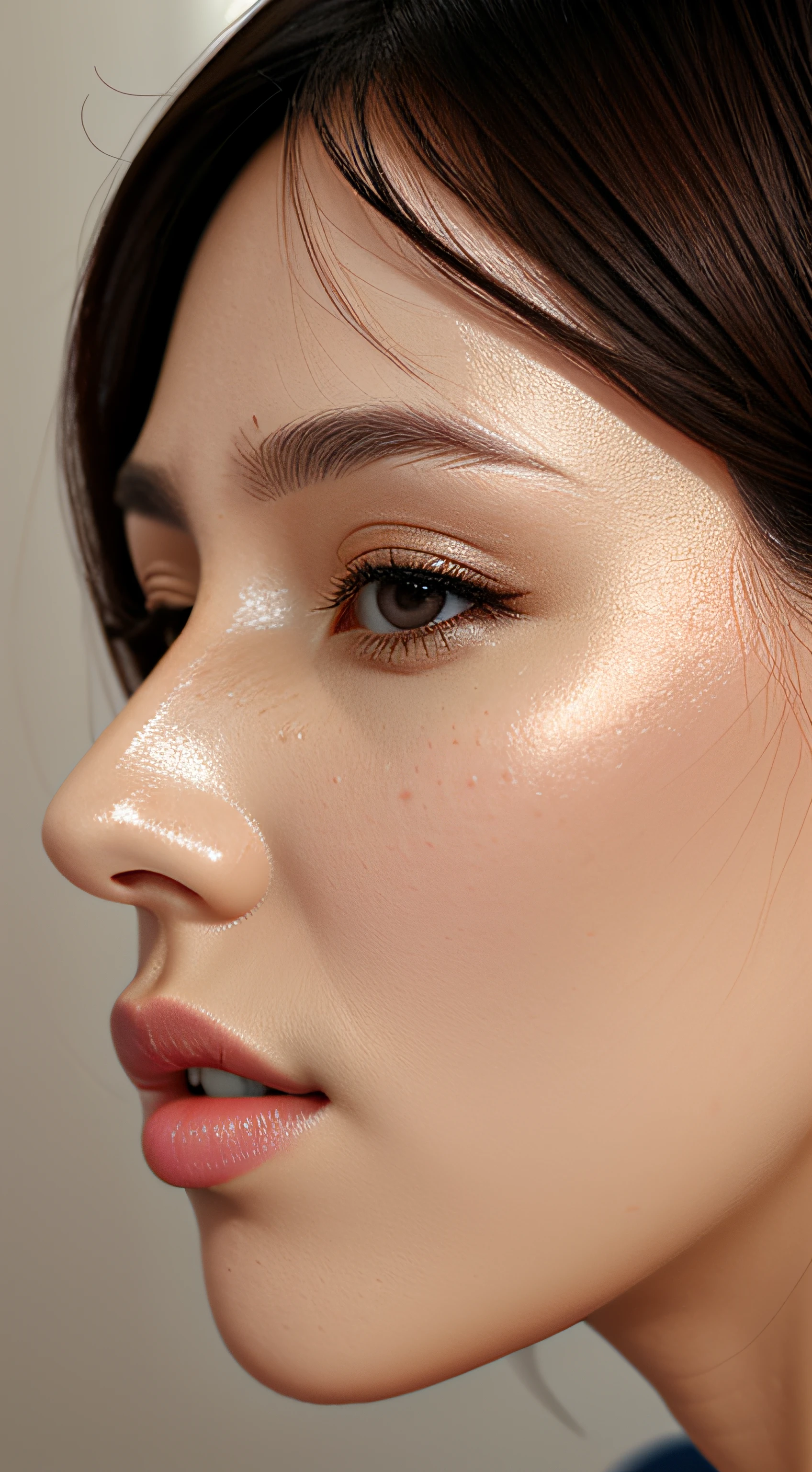 masutepiece,,award - winning photo, Extremely detailed, edgOrgasm,Face Focus Face、35 year old、A dark-haired、Glossy skin、Close-up of face,(Super close-up of nose,Face shot),low angles:1.5,(Realistic nostrils)、Lens Distortion Removal、Reproduction of pores、profile、1girl in,Beautiful woman with straight nose、short cut hair、