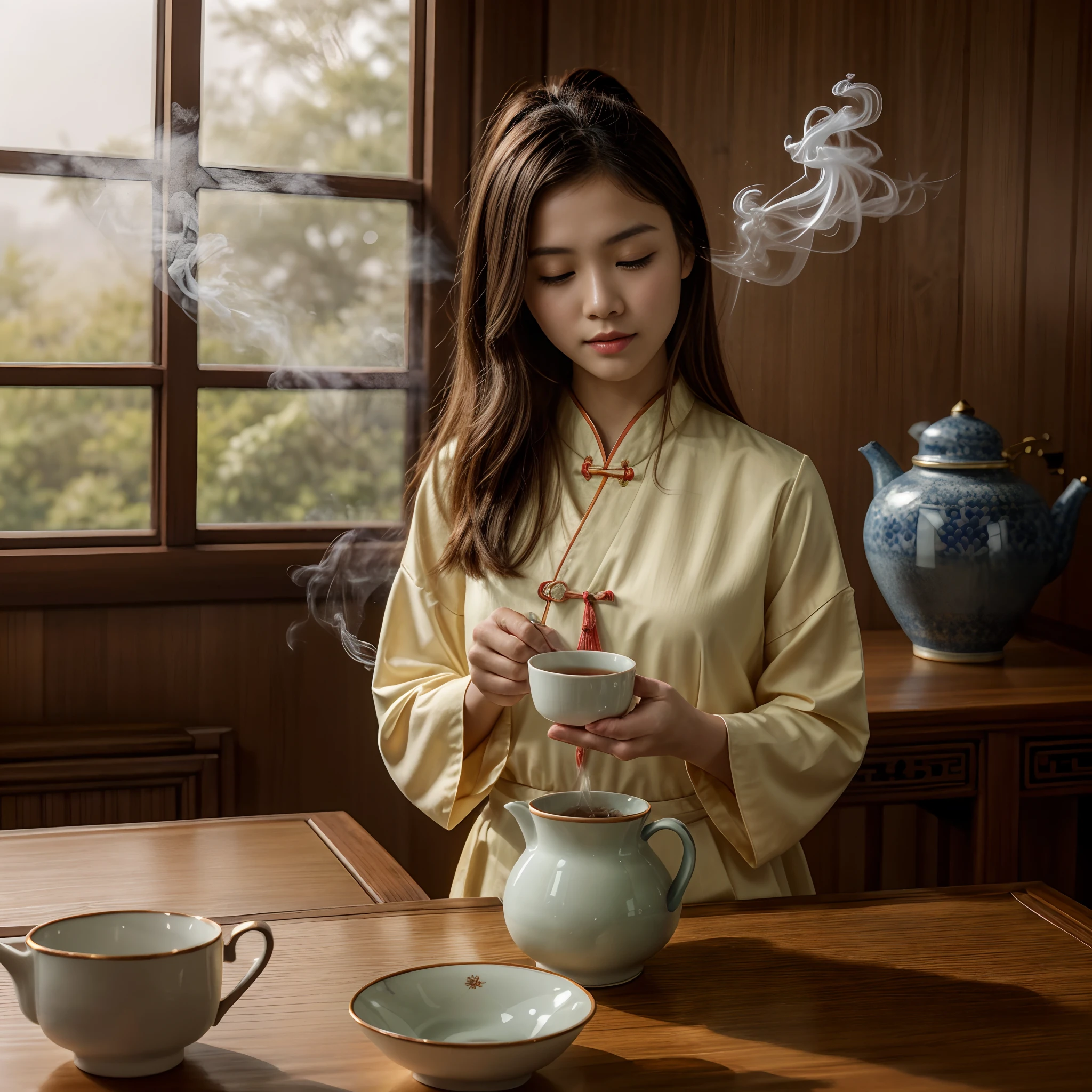 (masterpiece, best quality), 1girl, full body, face, feet, documentary photo of Chinese girl wears typical traditional Chinese dress is intent on the tea ritual. She pours steaming tea into a cup from a teapot. Typical old Chinese room, smoke in the air, very diffuse light, sensual movements, green_eyes, red lips, slightly open mouth, closed eyes, soft light, high res photo, high detailed, (highly detailed skin:1.2), 16k, High details. ultra high res.photorealistic:1.4, UHD, DSLR, soft lighting, high quality, grain color film, FujifilmXT3, low angle point of view