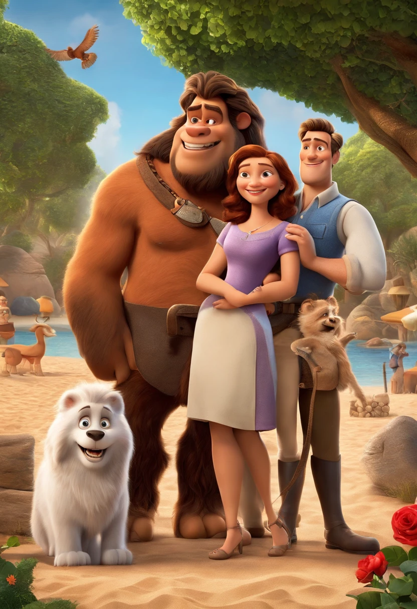 a Disney Pixar movie poster showing a white-skinned family. The father is the tallest, Tem barba curta, loiro, cabelos curtos e espinhosos. The mother has brown eyes and hair, shoulder-length and is slightly overweight. A tem 4 anos e cabelos castanhos, roupa rosa e rabos de cavalo. The background is a beach garden. 3D-rendering