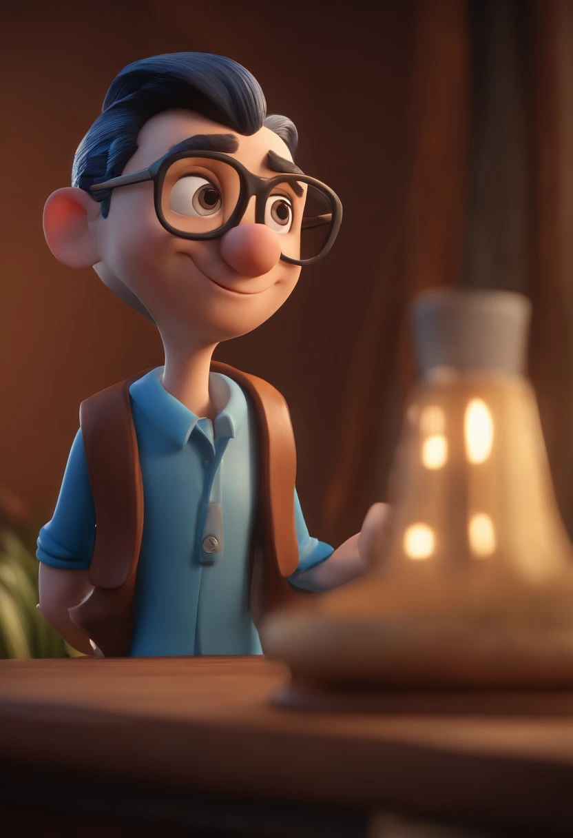 Cartoon character of a man wearing black glasses and a blue shirt, um personagem animado, Caractere estilizado, animation style rendering, 3D estilizado, Arnold Maya render, 3 d render stylized, toon render keyshot, Personagem 3D, Personagem 3D, 3d rendering stylized, 3 d character render, personagem de desenho animado, Personagem de close up, Pose de personagem, (Estilo Pixar) (master part:1.2) (Bokeh) (best quality) (pele detalhada) (textura detalhada) (8k) (argila) (Cinematic lighting) (foco nítido,Senta e vaza a parte superior do corpo