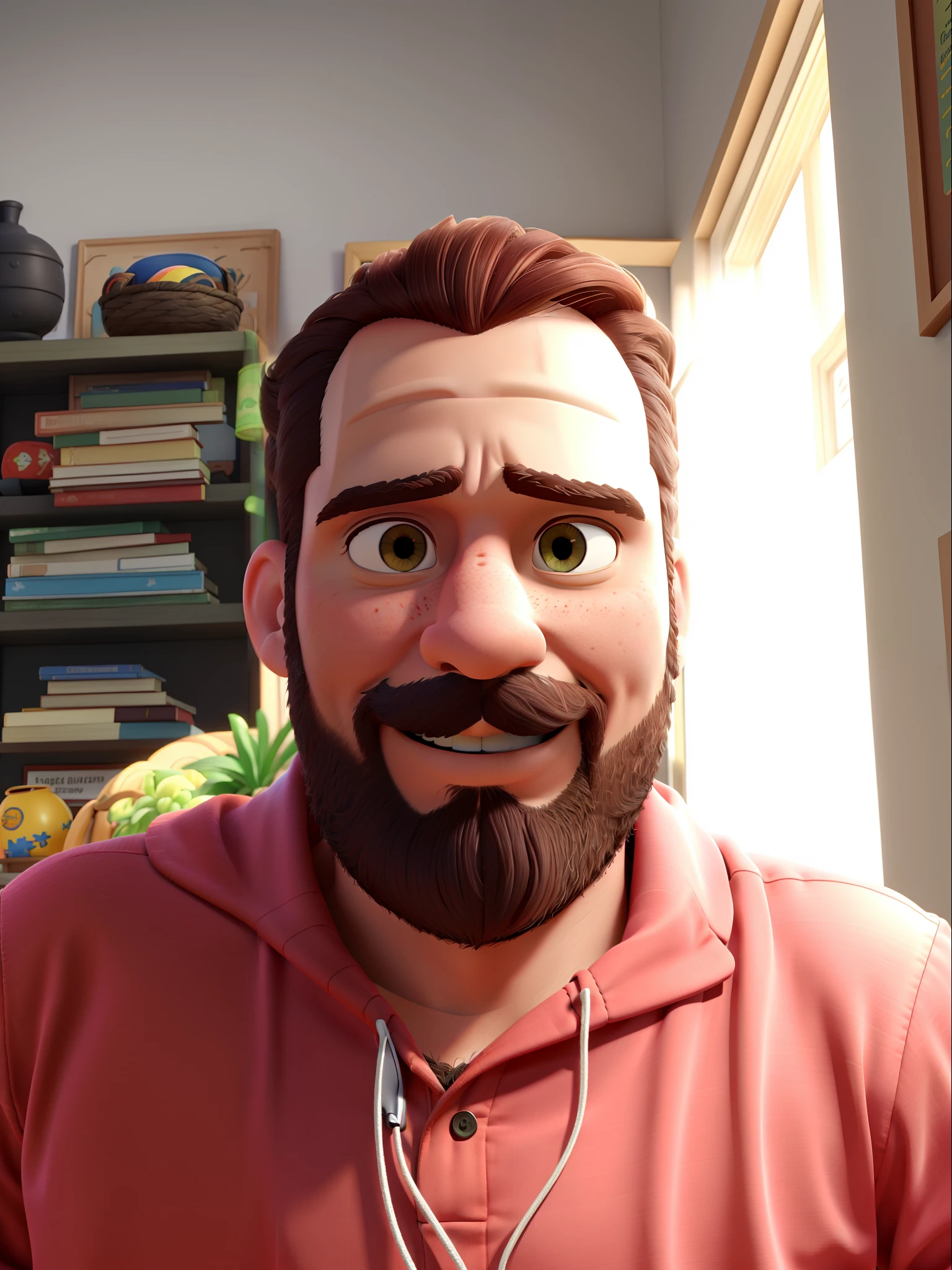 Homem moreno claro, 1,80m, olhos castanho esverdeado, cabelo castanho e grisalho, barba castanha e grisalha, 40 anos, Disney Pixar style high resolution.