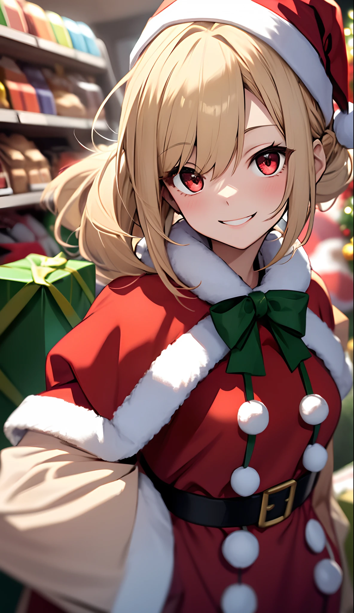 1girl in、a blond、Pony tail、Red Eyes、small tits、A smile、Laugh、Christmas、Dressed in Santa Claus costume、Colors based on red and green