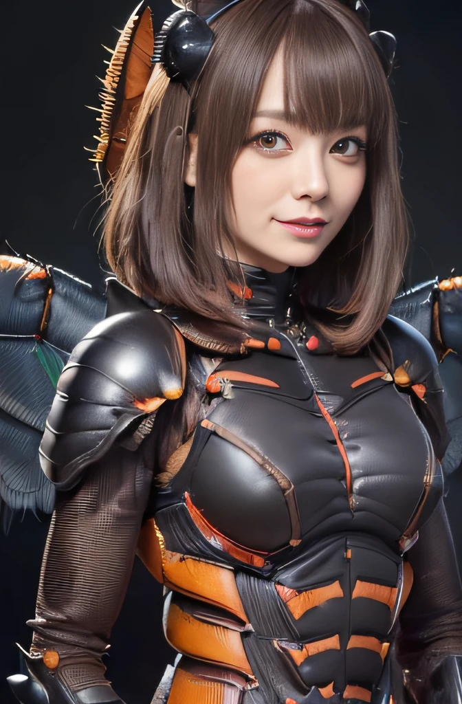 (high resolution,masterpiece,best quality,extremely detailed CG, anime, official art:1.4), realistic, photo, amazing fine details, all intricate, gloss and shiny,awesome many layers, 8k wall paper, 3d, sketch, kawaii, illustration,( solo:1.4), perfect female proportion,villainess, (fusion of dark brown cockroach and lady:1.4), (brown cockroach form lady:1.2), (brown cockroach lady:1.2), (fusion:1.2), (solo:1.4), (evil smile:1.2), muscular, abs, (cockroach brown exoskeleton bio insect suit:1.4), (cockroach brown exoskeleton bio insect armor:1.2), (brown transparency cockroach wing:1.4), (brown cockroach antennae:1.3),