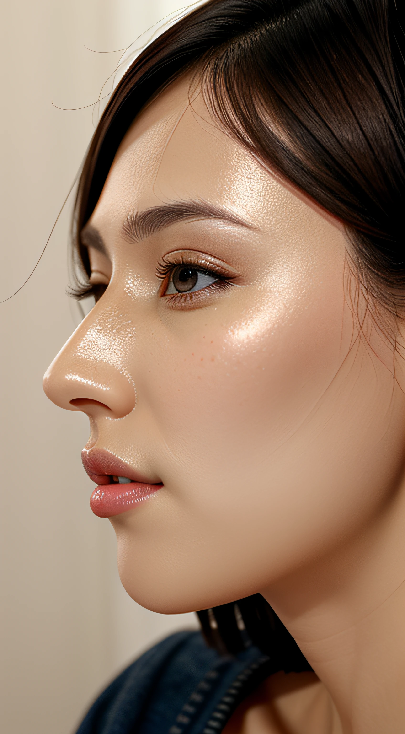 masutepiece,,award - winning photo, Extremely detailed, edgOrgasm,Face Focus Face、35 year old、A dark-haired、Glossy skin、Close-up of face,(Super close-up of nose,Face shot),low angles:1.5,(Realistic nostrils)、Lens Distortion Removal、Reproduction of pores、profile、1girl in,Beautiful woman with straight nose、short cut hair、
