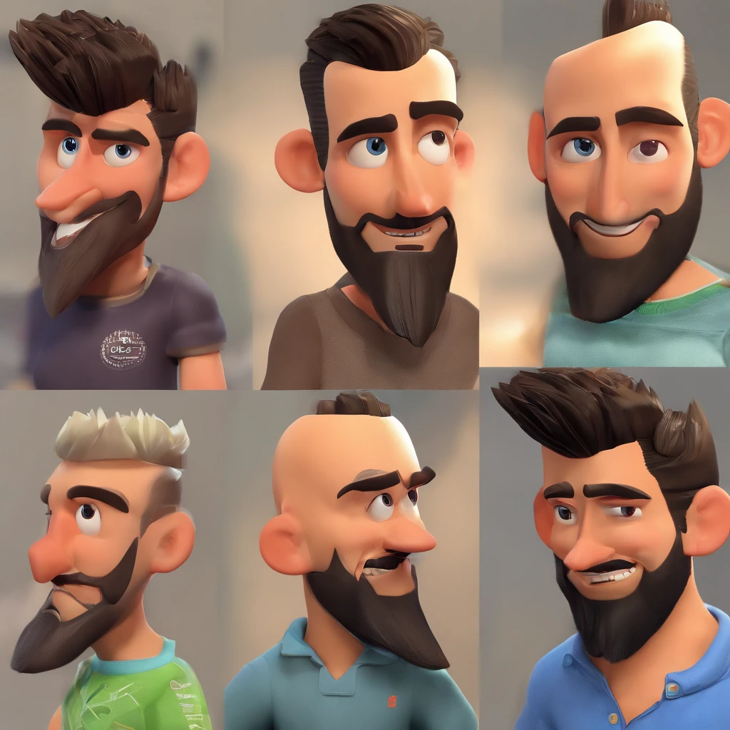 Criar um personagem no estilo Pixar. Trata-se de um homem de 30 anos, com barba, Branco, com cabelos castanhos curtos e um quiff, e olhos castanhos. Ele deve estar na frente de um computador, Trabalhar como designer
