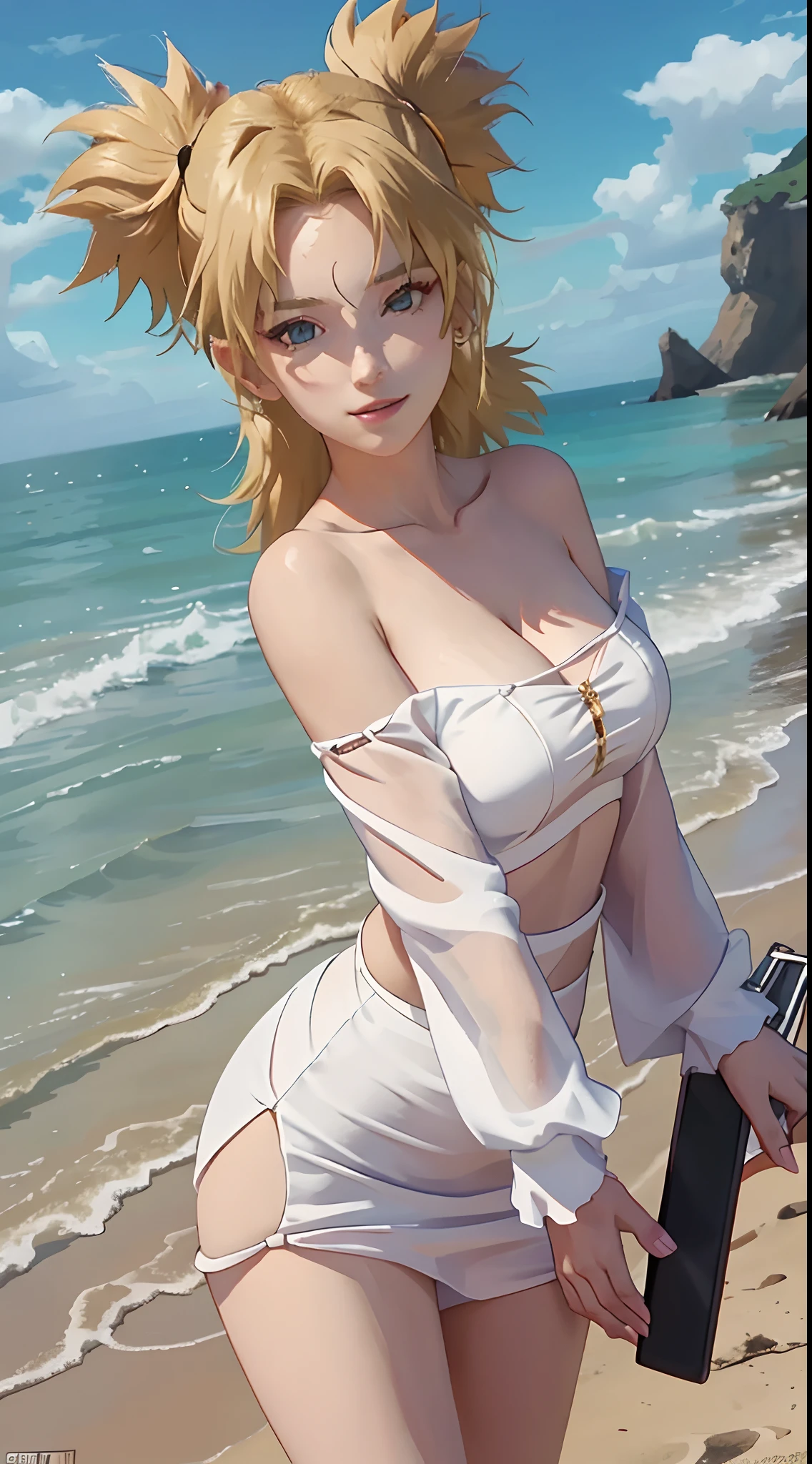 tmasterpiece, best quality, 1girl，Off-the-shoulder attire，looks into camera，Be red in the face，ssmile，largeeyes，Close-up，Huge fan，the sea，​​clouds，beachside，golden hair