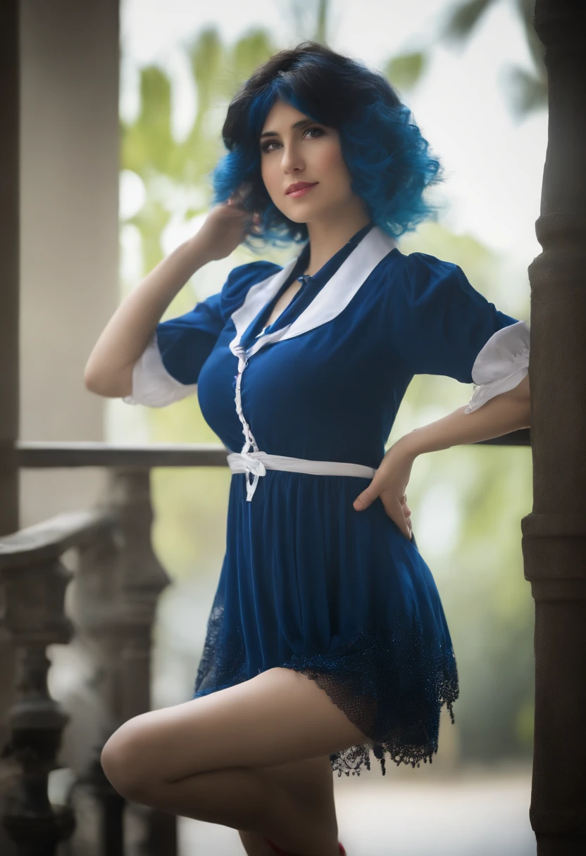 ((16 Noites Sakiya)), ((Projeto Touhou)), Cosplay, Mulher de 20 anos, (((cabelos grisalhos)), ((medium spiky hair)), ((roupa de empregada azul)), ((blusa branca)), mid chest, (Luz)))), (Posar))), (foto fotorrealista: 1.3), Rim lighting, (pele de alto detalhe:1.2), 8k UHD, DSLR, alta qualidade, high resolution, 4k, 8k, Bokeh, Absurdidade, best ratio four finger and one thumb, (real:1.3), Mais bonito 1 Menina, Muitas facas