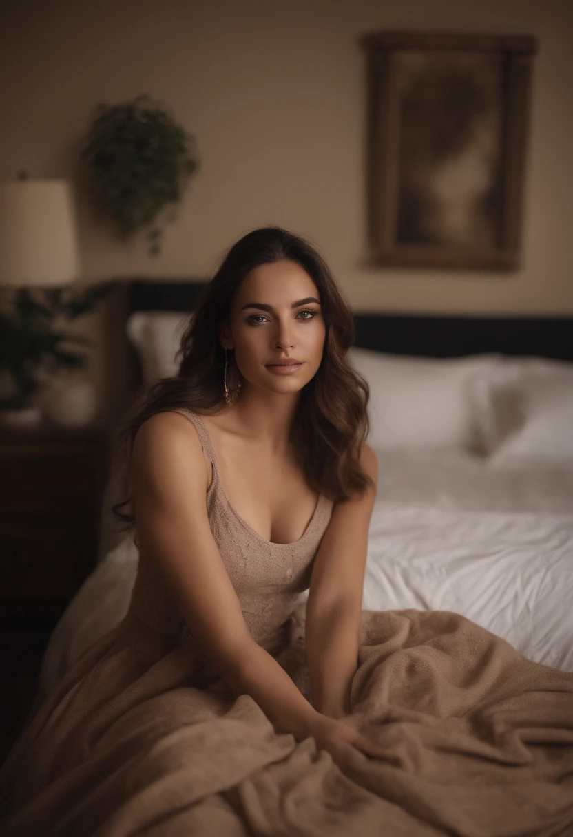 arafed woman fully , sexy girl with brown eyes, ultra realistic, meticulously detailed, portrait sophie mudd, brown hair and large eyes, selfie of a young woman, dubai eyes, violet myers, without makeup, natural makeup, looking directly at the camera, face with artgram, subtle makeup, stunning full body shot kneeling on bed, in bedroom, medium to large size bust
