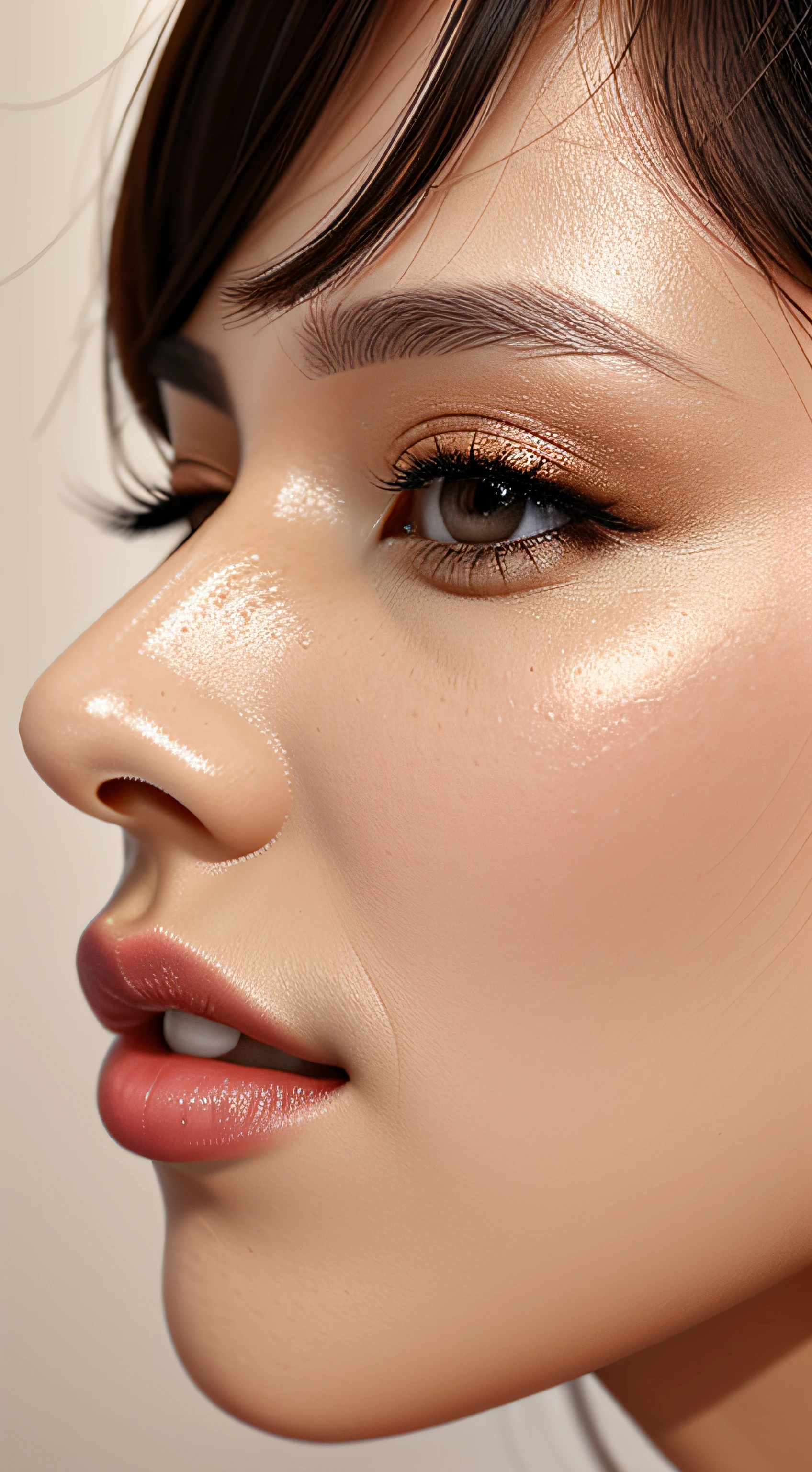 masutepiece,,award - winning photo, Extremely detailed, edgOrgasm,Face Focus Face、35 year old、A dark-haired、Glossy skin、Close-up of face,(Super close-up of nose,Face shot),low angles:1.5,(Realistic nostrils)、Lens Distortion Removal、Reproduction of pores、profile、1girl in,Beautiful woman with straight nose、short cut hair、