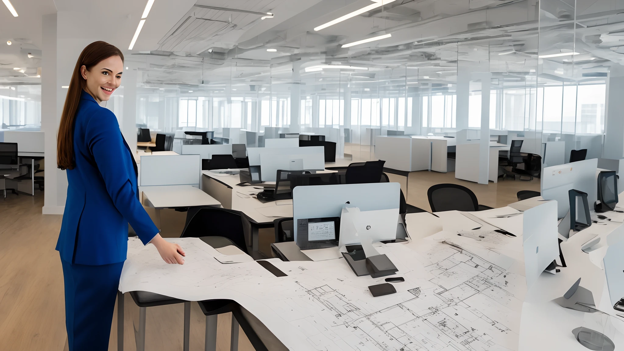 a woman architect with light hair, blue eyes, working in a modern office in a modern blazer, space full of blueprints with Apple computer