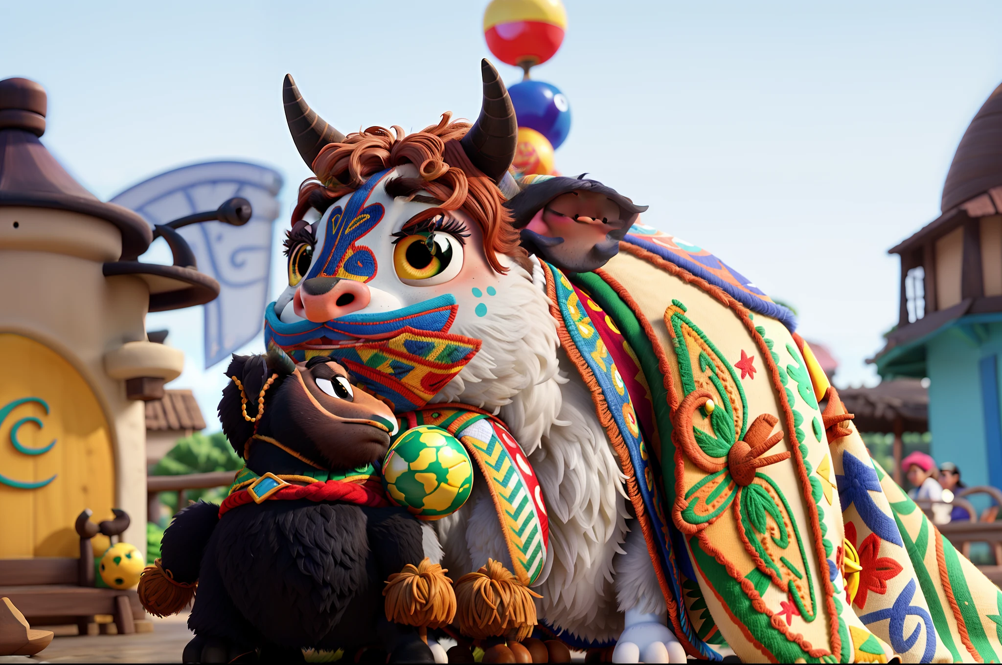 disney pixar poster style with a figure of a ox like in brazillian festival ox bumbá