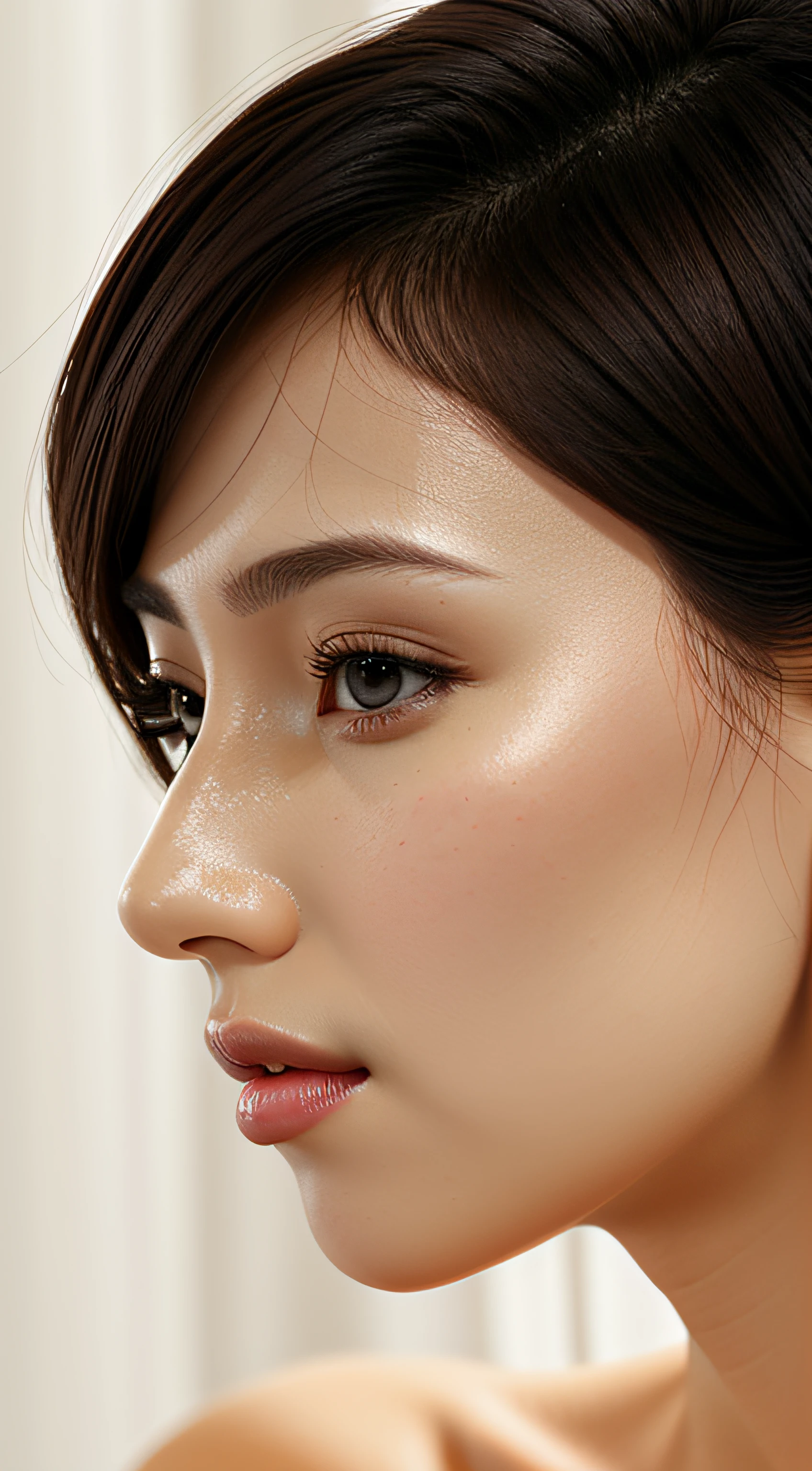 masutepiece,,award - winning photo, Extremely detailed, edgOrgasm,Face Focus Face、35 year old、A dark-haired、Glossy skin、Close-up of face,(Super close-up of nose,Face shot),low angles:1.5,(Realistic nostrils)、Lens Distortion Removal、Reproduction of pores、profile、1girl in,Beautiful woman with straight nose、short cut hair、