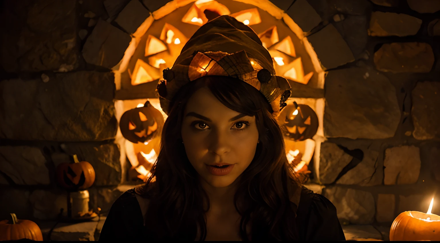 best quality,stone wall,lined up Halloween pumpkins,candlelight on heads,person1 wearing funny hat,person2 making a funny face,funny portrait photography,vivid colors,warm lighting