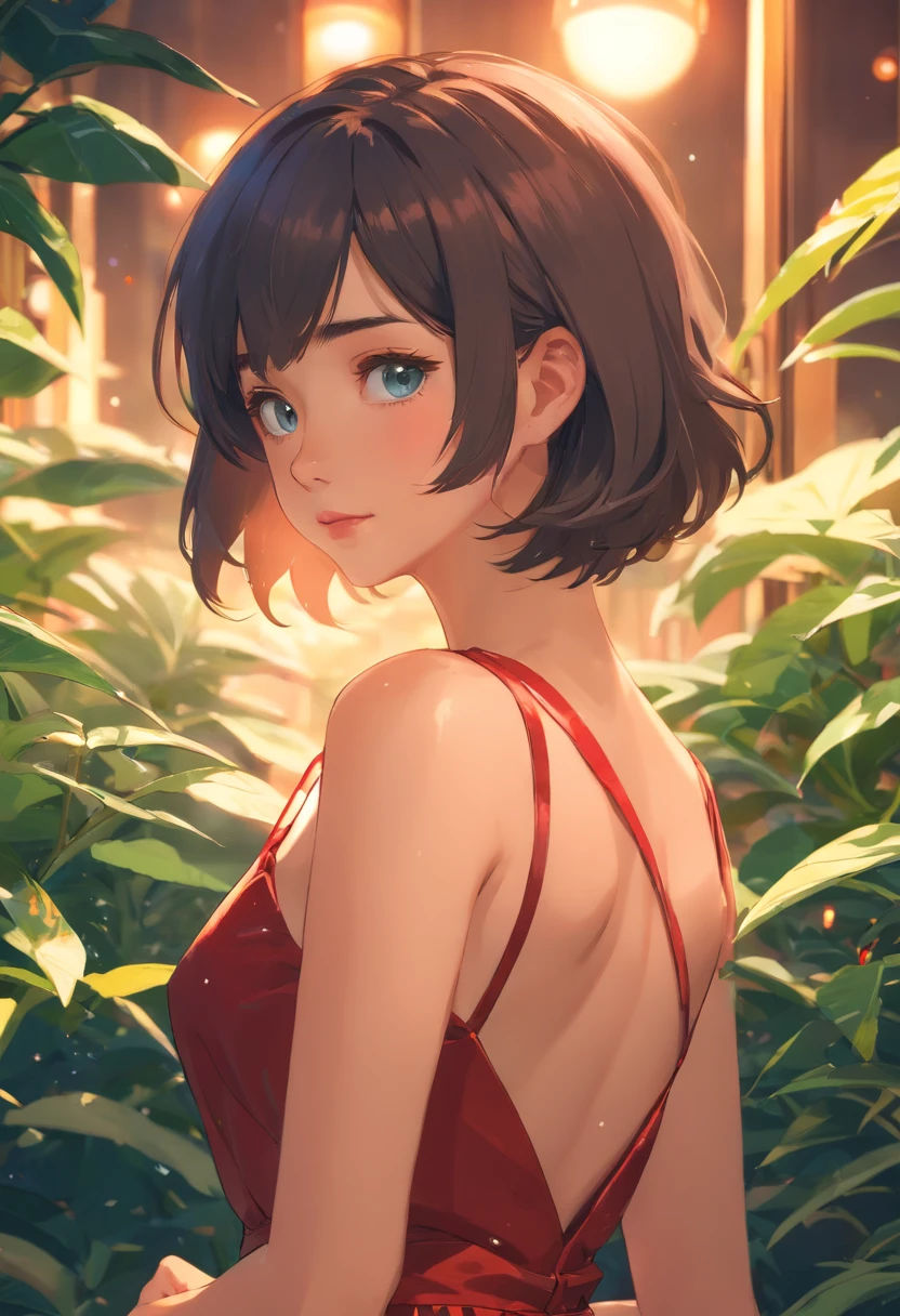 Short hair, nnlnnx, (Sharp focus:1.2), Photo, Attractive young woman, (Beautiful face:1.1), Detailed eyes, lusciouslips, (bold red lip color:0.85), (Medium breasts:1.0), (Slim body:1.2), (Long hair:1.2), Wearing (1980s Peplum Dress:1.2) in a (planties:1.2). (Moody lighting:1.2), Depth of field, Bokeh, 4K, hdr. By (James S. Christensen:1.2|JeremyLipking:1.1).
