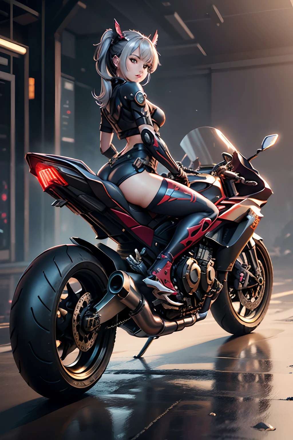 Anime girl on a motorcycle in the desert, Anime Art, mechanized valkyrie girl, Cyberpunk anime girl mecha, Anime Mecha Aesthetics, sitting on cyberpunk motorbike, Digital Cyberpunk Anime Art, Beautiful D&d character portrait, Beautiful face, happiness, Dark Fantasy, Fifth DND character, Octane Render, Digital Art, Extreme Detail, 4K, Ultra HD, Polished, Beautiful, hyperdetails, Convoluted, Elaborate, meticulous, Photorealistic, Sharp Focus, wlop, Character Design, Unreal Engine, 3d rendered, Volumetric lighting, Reflectors, Rin々Nice Lori, Digital Illustration, Anatomically correct, Sensual Pose, suggestive pose, Full body shot, 💖❤💕💋❣，Red metallic bikes，silber hair，Twintail