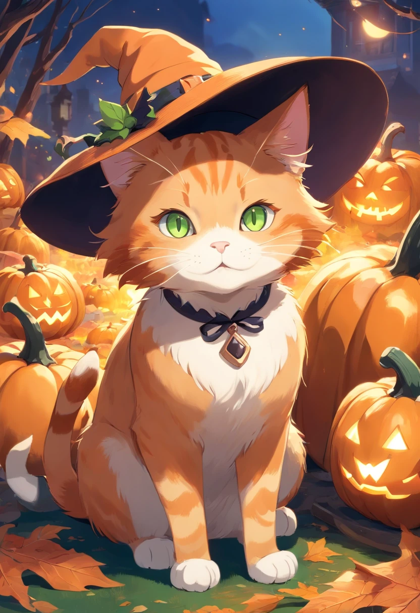 Ginger cat in a witch's hat, It has white front paws, There are also green and brown eyes, pumpkins, Halloween, the bats