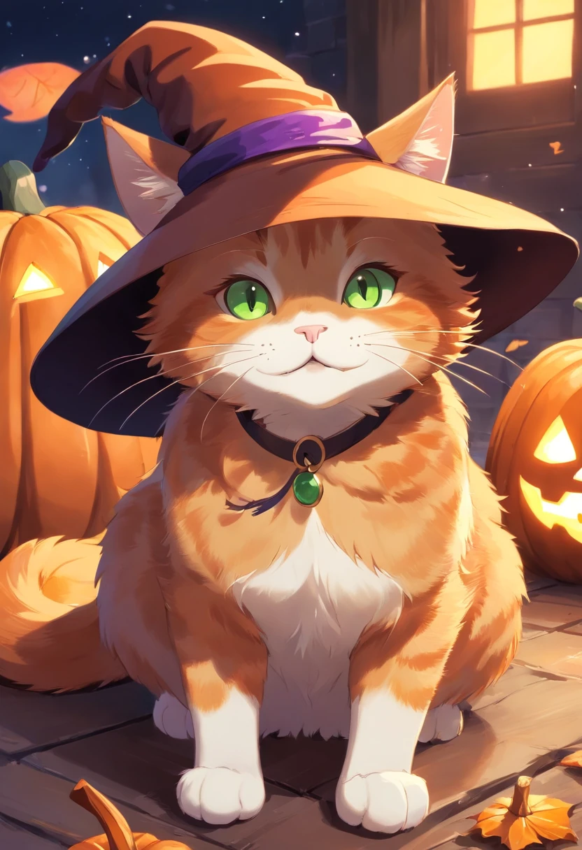 Ginger cat in a witch's hat, It has white front paws, There are also green and brown eyes, pumpkins, Halloween, the bats