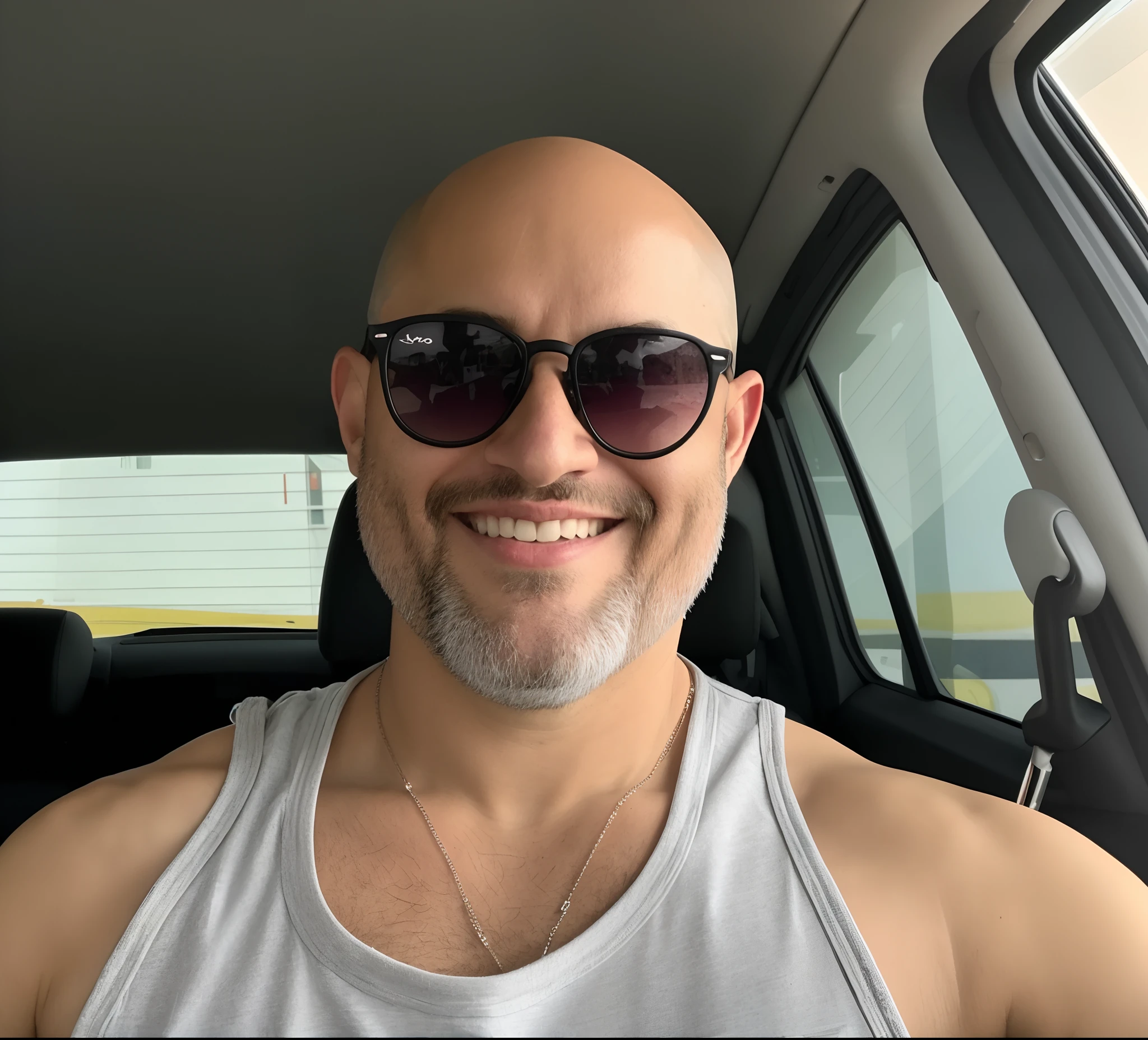 There's a man in a car with sunglasses and a necklace, careca com barba curta, sem cabelo, completamente careca;, 3 6 anos, bald man, 38 anos, 3 2 anos, cerca de 3 5 anos, 3 5 anos, 35 anos, Michael Dante DiMartino, (38 anos), 2 9 anos