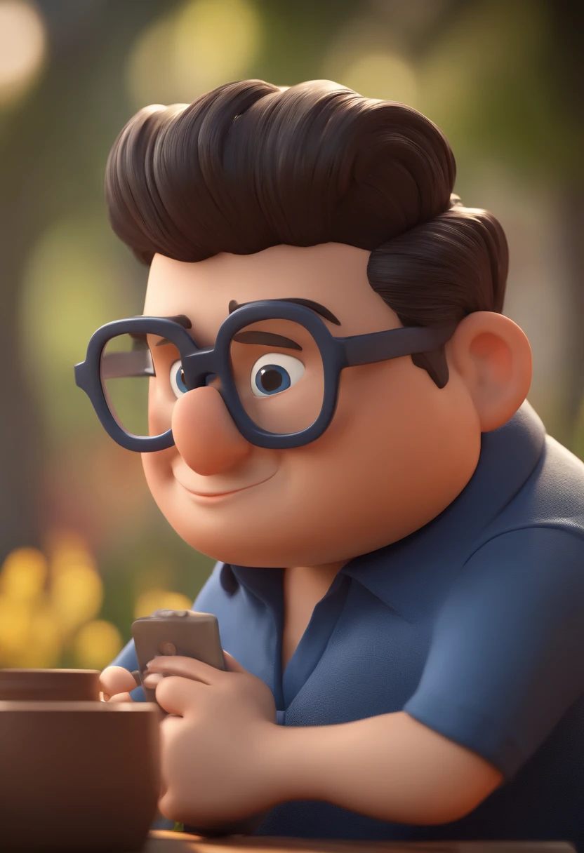 Cartoon character of a chubby man with black glasses and a blue shirt, animation character, Caractere estilizado, animation style rendering, 3D estilizado, Arnold Maya render, 3 d render stylized, toon render keyshot, Personagem 3D, Personagem 3D, 3d rendering stylized, 3 d character render, personagem de desenho animado, Personagem de close up, Pose de personagem, (Estilo Pixar) (master part:1.2) (Bokeh) (best quality) (pele detalhada) (textura detalhada) (8k) (argila) (Cinematic lighting) (foco nítido