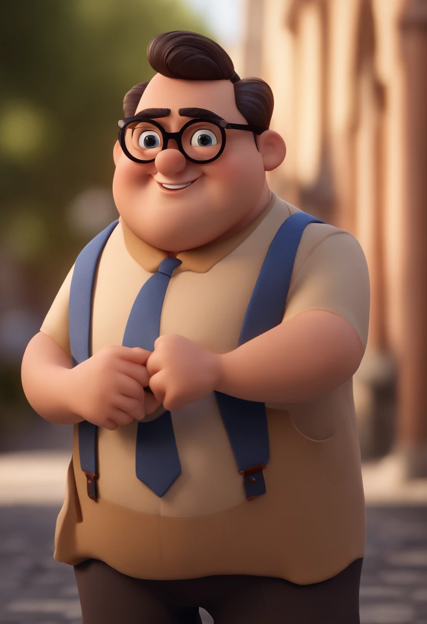 Cartoon character of a chubby man with black glasses and a blue shirt, animation character, Caractere estilizado, animation style rendering, 3D estilizado, Arnold Maya render, 3 d render stylized, toon render keyshot, Personagem 3D, Personagem 3D, 3d rendering stylized, 3 d character render, personagem de desenho animado, Personagem de close up, Pose de personagem, (Estilo Pixar) (master part:1.2) (Bokeh) (best quality) (pele detalhada) (textura detalhada) (8k) (argila) (Cinematic lighting) (foco nítido