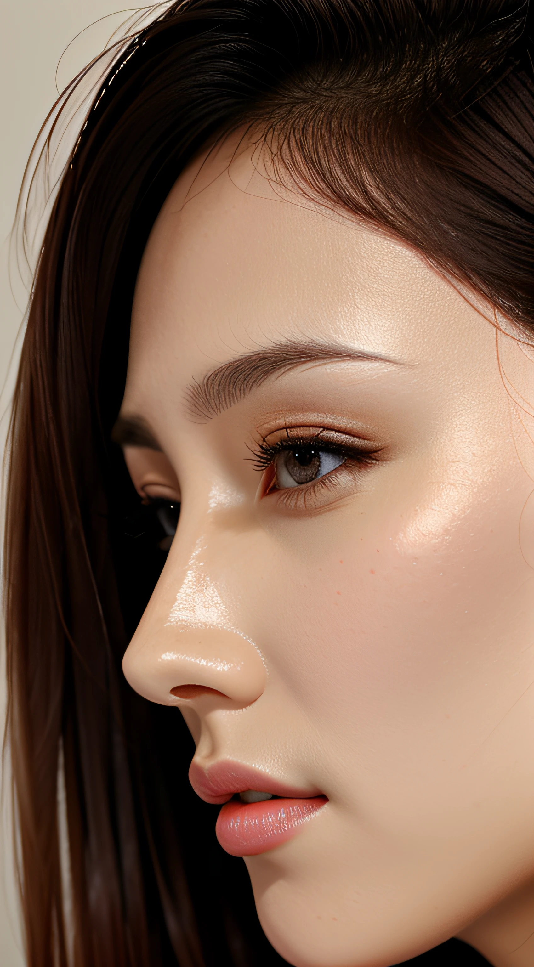 masutepiece,,award - winning photo, Extremely detailed, edgOrgasm,Face Focus Face、35 year old、A dark-haired、Glossy skin、Close-up of face,(Super close-up of nose,Face shot),low angles:1.5,(Realistic nostrils)、Lens Distortion Removal、Reproduction of pores、profile、1girl in,Beautiful woman with straight nose、short cut hair、