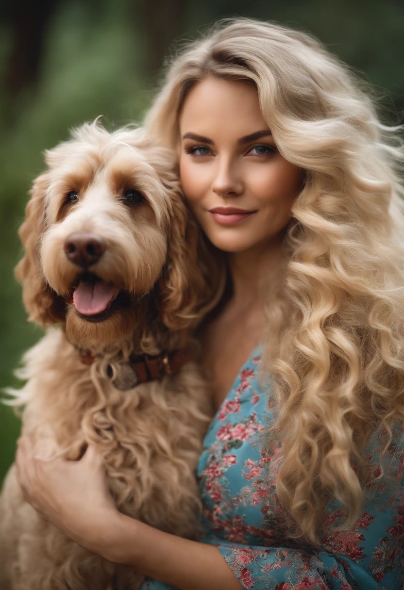 Woman with blonde hair,Big wavy long hair，Hold a Labradoodle