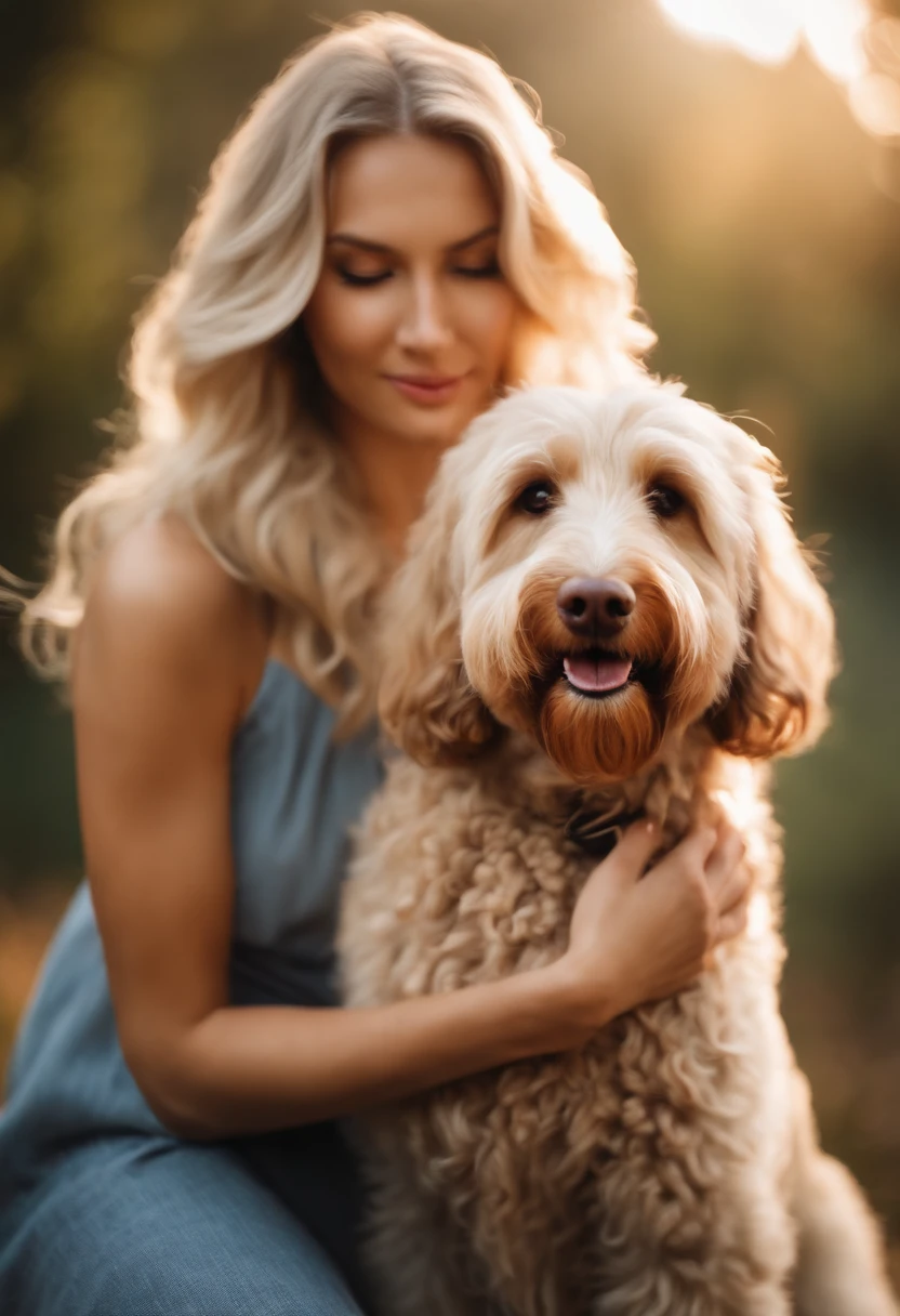 Woman with blonde hair,Big wavy long hair,Hold a Labradoodle