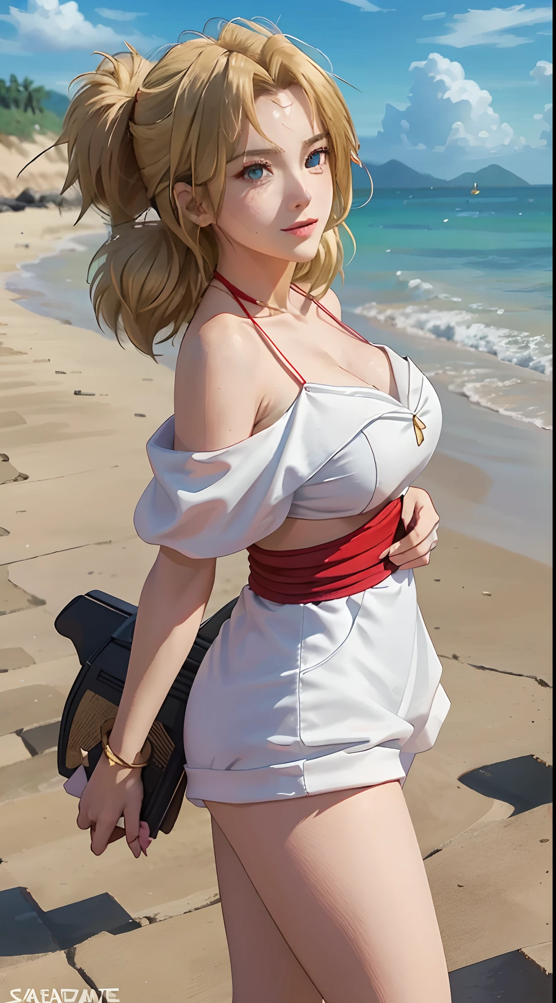 tmasterpiece, best quality, 1girl，Off-the-shoulder attire，looks into camera，Be red in the face，ssmile，largeeyes，Close-up，Huge fan，the sea，​​clouds，beachside，golden hair