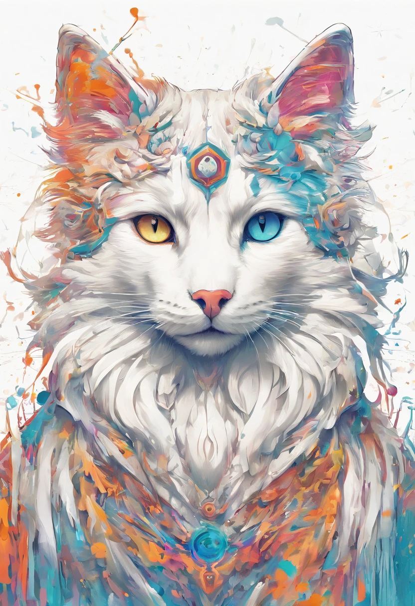 Splash Art, Shetland Shetland Shepherd Cat, ((White background)), piercing eyes, Epic Instagram, art stations, Colored paint splash pattern, outlines, Super meticulous,detail intricate , illusion engine, Fantastical, intricately details, Splash screen, Complementary color scheme,
