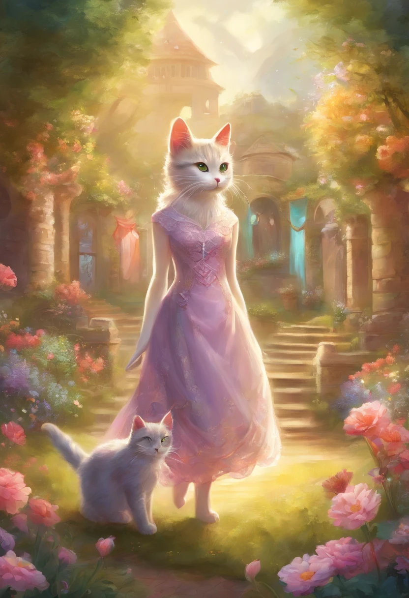 Bipedal cat in a dress、Not anthropomorphic、tea party、Flower garden