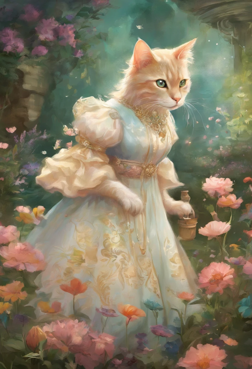 Bipedal cat in a dress、Not anthropomorphic、tea party、Flower garden