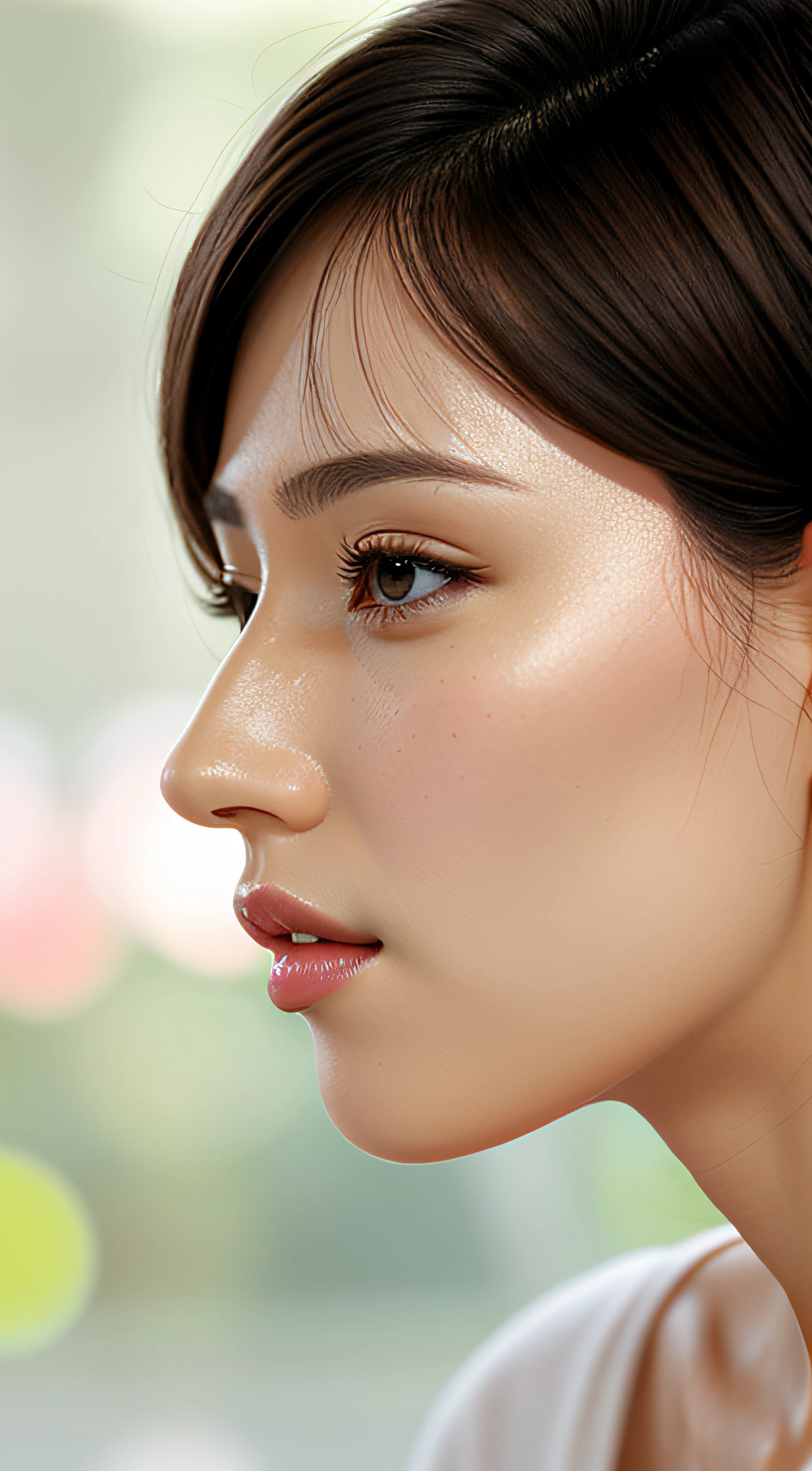 masutepiece,,award - winning photo, Extremely detailed, edgOrgasm,Face Focus Face、35 year old、A dark-haired、Glossy skin、Close-up of face,(Super close-up of nose,Face shot),low angles:1.5,(Realistic nostrils)、Lens Distortion Removal、Reproduction of pores、profile、1girl in,Beautiful woman with straight nose、short cut hair、