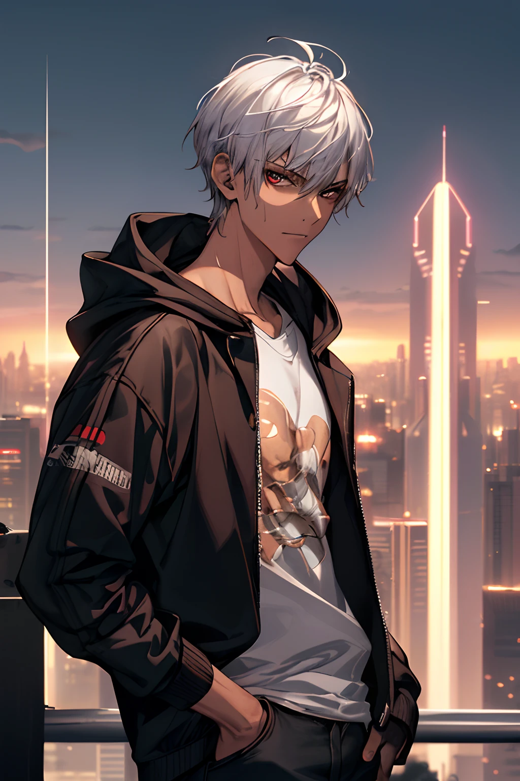 {{top-quality,​masterpiece,8k wallpaper}},top-quality,Ultra-detailed CG Unity,Cinematographic lighting,(The upper part of the body),((1 teenager)),a handsome,youthfulness,a 20-year-old boy,slender,Looking at the camera,Condescending look,make light of,close up of face,{{Sunburned skin,Brown skin,Brown-skinned,Arab}},sharp gaze,Delicate eyes,(Akame),On top of the buildings of Cyberpunk City at night,Wear a hoodie jacket over a printed T-shirt,platinum silver hair,short-haired,Reaping,perfect hand,dark boy.