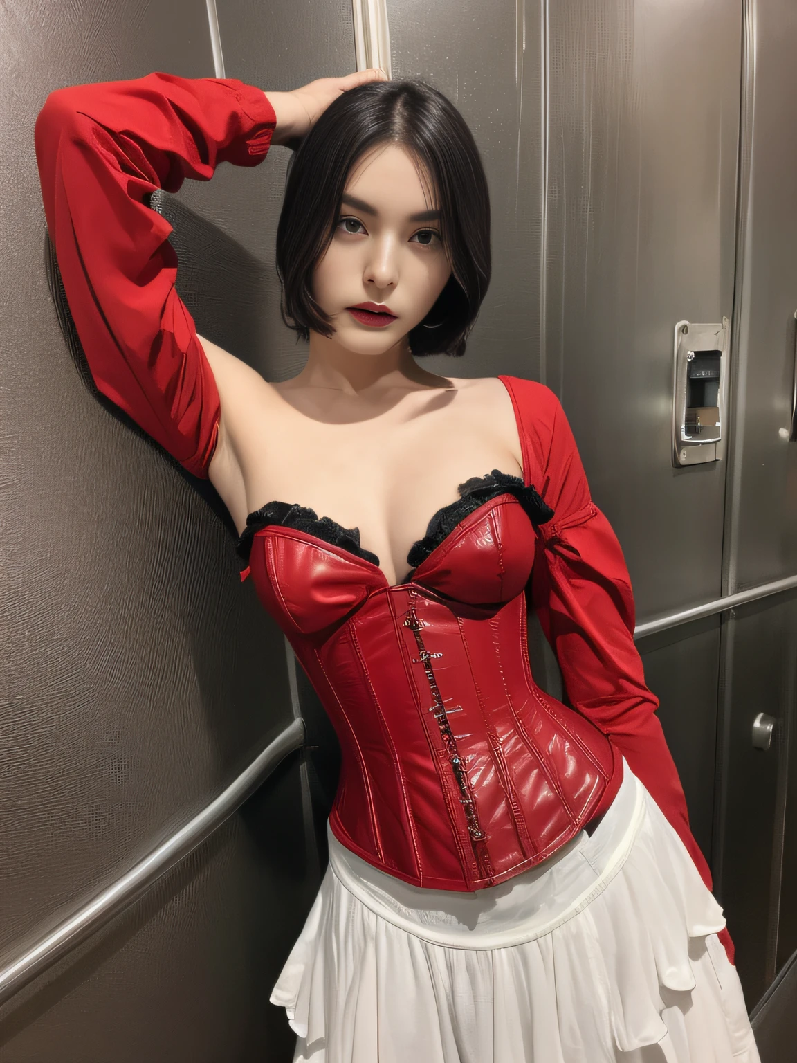 (in prison cell), chained woman, ((arm behind back)), leash, ((top quality, 8k, masterpiece: 1.3)), crisp focus: 1.2, beautiful woman with perfect figure: 1.4, slender abs: 1.2, ((layer cut, big: 1.2)), (rain, street: 1.2), wet body: 1.5, highly detailed face and skin texture, detailed eyes , Very Short Hair, BDSM, slave, Rubber, Red Corset, Bondage
