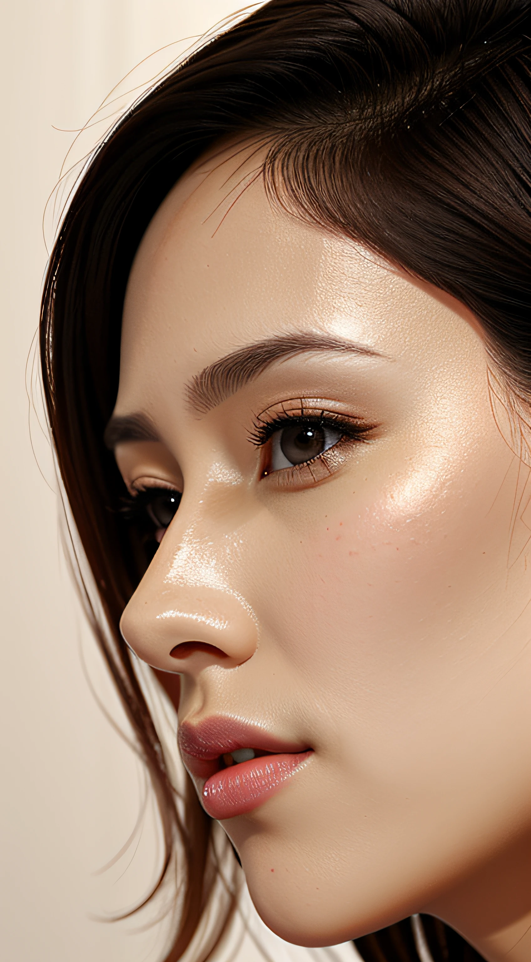 masutepiece,,award - winning photo, Extremely detailed, edgOrgasm,Face Focus Face、35 year old、A dark-haired、Glossy skin、Close-up of face,(Super close-up of nose,Face shot),low angles:1.5,(Realistic nostrils)、Lens Distortion Removal、Reproduction of pores、profile、1girl in,Beautiful woman with straight nose、short cut hair、