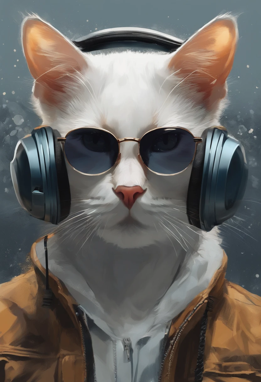 Perfect centering, a cute little cat, stand posture，Wear a student jacket, Wearing sunglasses, Wearing headphones, Standing position, Abstract beauty, Centered, Looking at the camera, Facing the camera, nearing perfection, Dynamic, Moonlight, Highly detailed, Digital painting, art  stations, concept-art, smooth, Sharp focus, 8K, high definition resolution, illustration, Art by Carne Griffiths and Wadim Kashin, White background