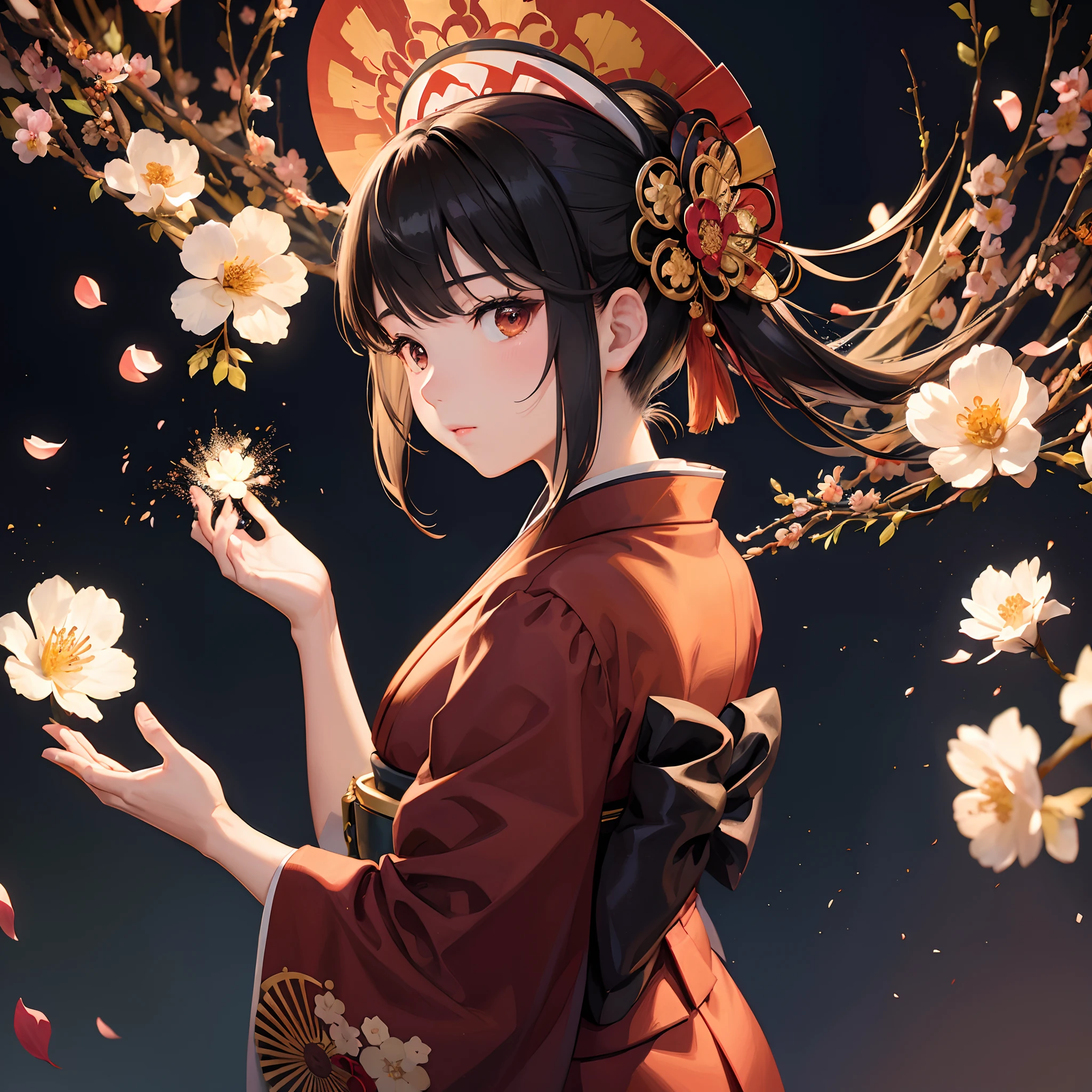 masterpiece, (Taisho-era:1.3), 1kawaii girl, a girl surrounded by many higanbana flowers, a girl gazing somberly at a single higanbana in her hand, a fantastic background of dancing light particles and petals, black-Kimono, (flower-pattern-Kimono:1.1), plain-Hakama, (burgundy-Hakama:1.1), black-straw-hat, laced-gloves, floating-petals, glowing-petals, side-view,