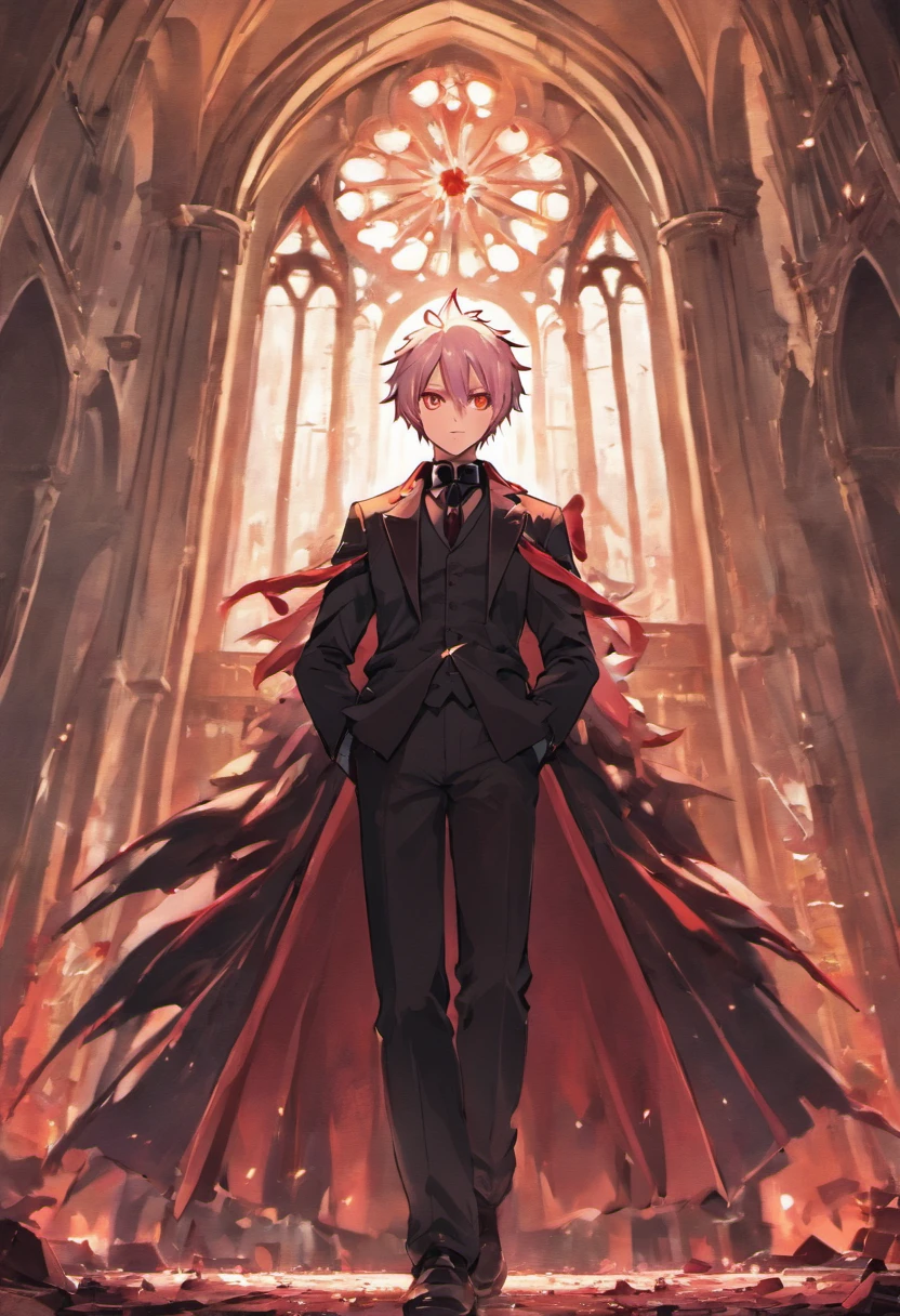 Silver-haired beautiful boy with spiked hair、red eyes、tailcoat、Inside a ruined church、moonlights、Red flowers scattered on the floor、Dark