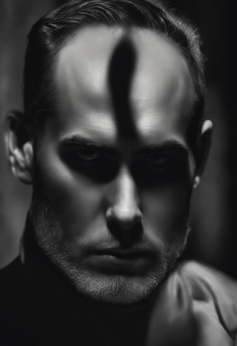 (best quality,photoreallistic),(escuro,pressentimento) Um homem,olhos negros detalhados,longos cabelos pretos que lembram a noite,pale skinned,Visible dark circles,corpo atletico, mas coberto de cicatrizes,Atmosfera perturbadora,Gothic aesthetics,nightmare appearance,considerar intenso,Aura misteriosa, Postura sinuosa e tensa,dramatic shadows and lighting,contraste marcante entre claro e escuro,Suspeita de perigo,atmosfera encantada, We only see his face.