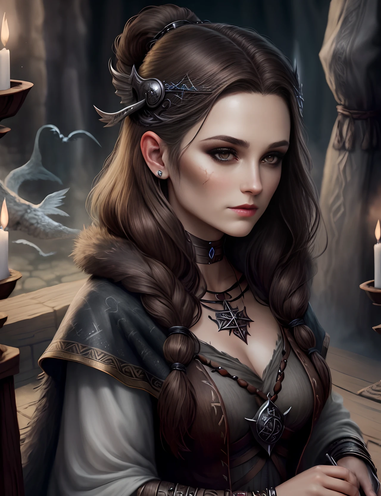 realism drawing, femme, sorceress, vikings,Dark brown hair, maquillage sombre, tradition, rune