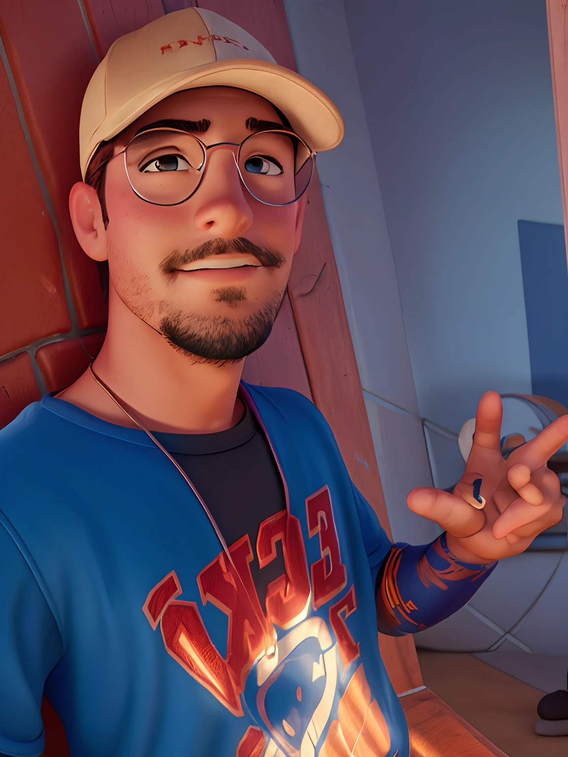 Disney Pixar style poster young 25 years old in the background of a football stadium